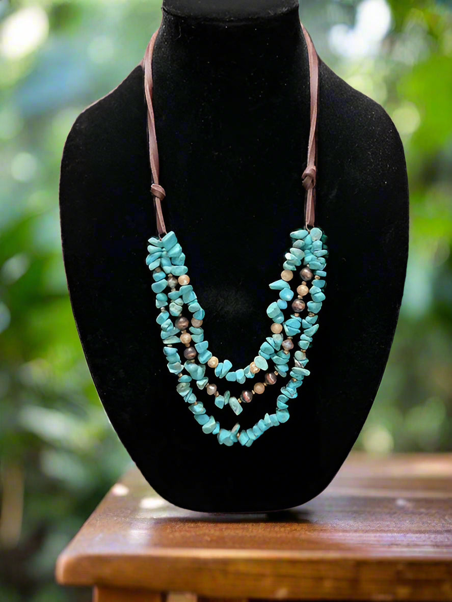 Chunky Fashion Turquois and Faucette Bead Leatherette Necklace Set Cedar Hill Country Market