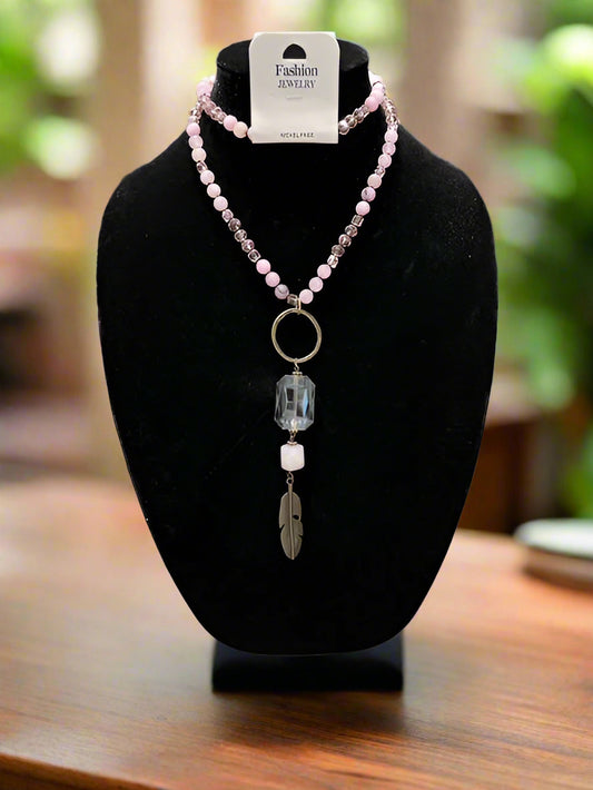 Muted Fashion Pink Faceted Pearls and Bronze Feather Necklace Cedar Hill Country Market