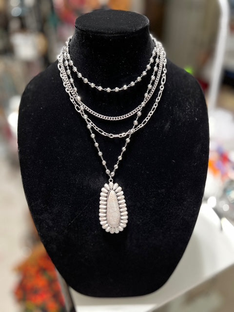 Silver Fashion Diamond Cut White Elongated Concho Necklace Cedar Hill Country Market