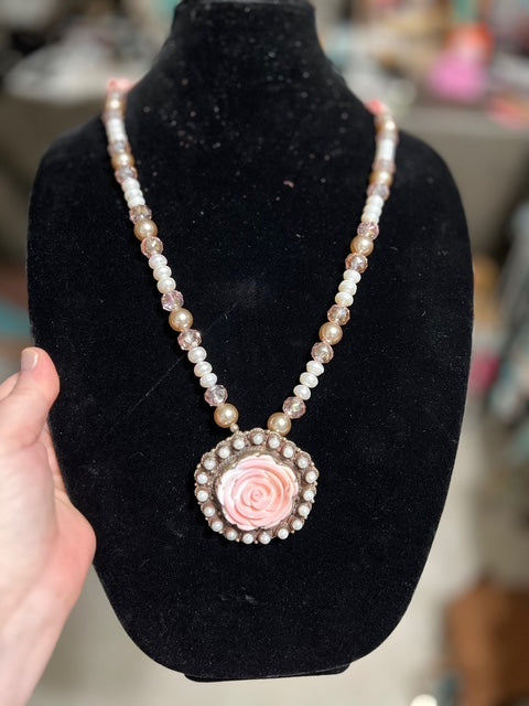 Genuine Hand Carved Pink Conch Rose with Fresh water Pearls and Faucette Bead Necklace Cedar Hill Country Market