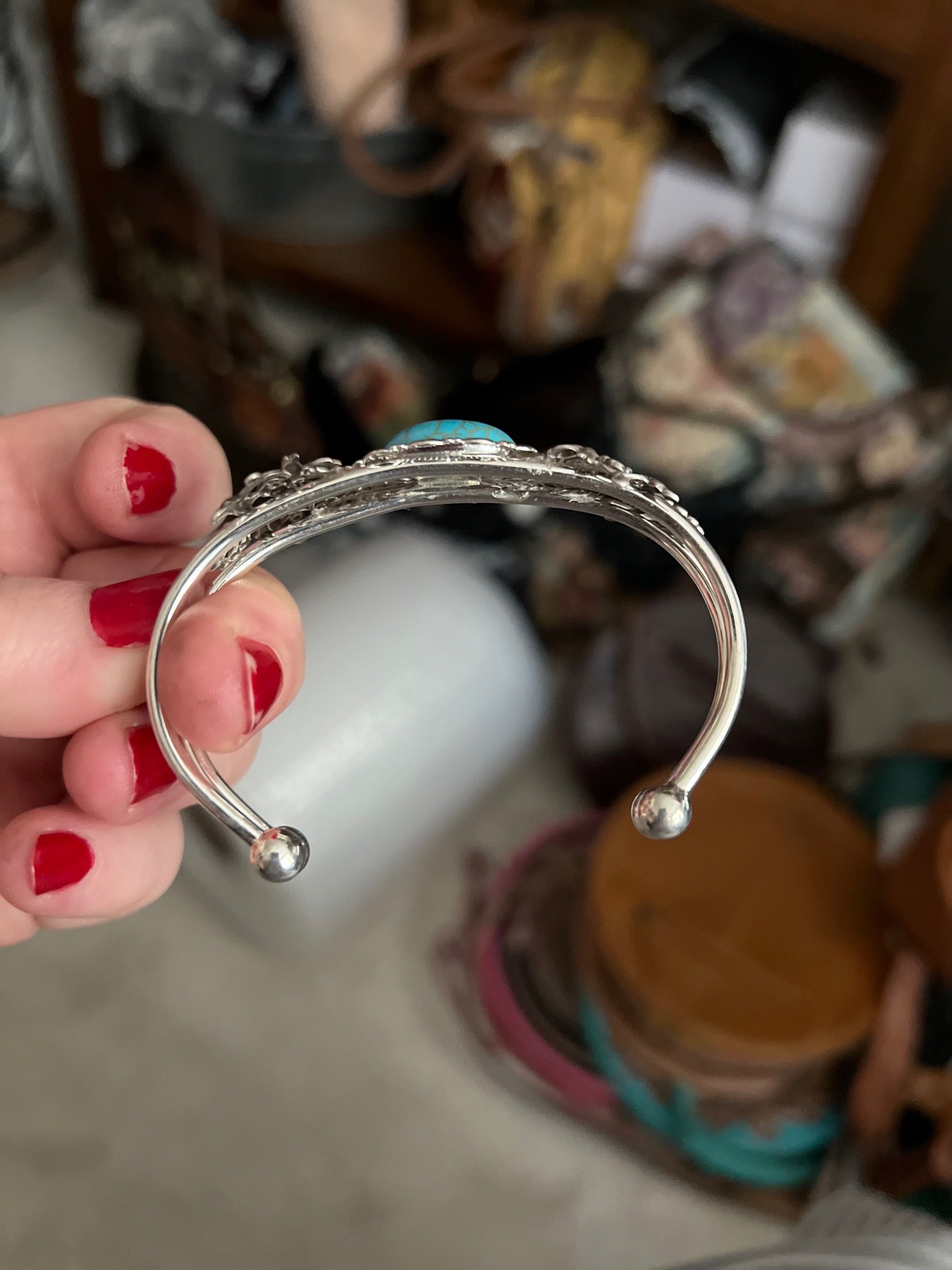 Silvertone Faux Turquoise Floral Cuff Bracelet CedarHill Country Market