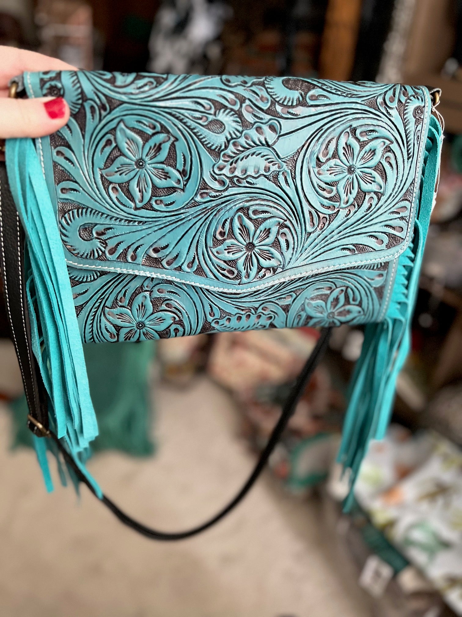 Turquoise Hand Tooled Envelope Handbag with Spaghetti Adjustable Removable Strap CedarHill Country Market