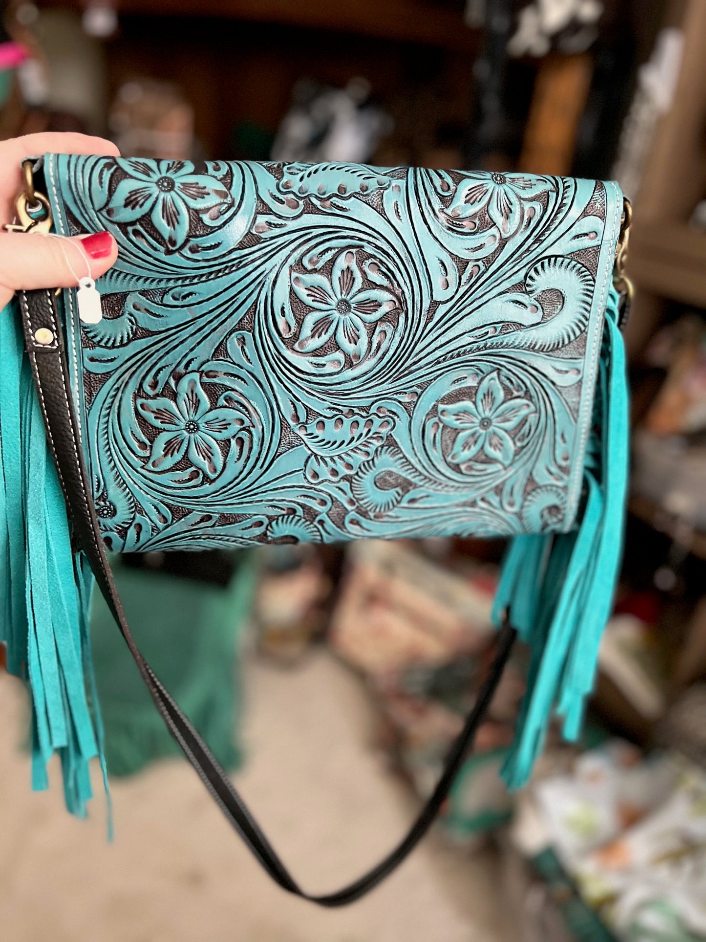 Turquoise Hand Tooled Envelope Handbag with Spaghetti Adjustable Removable Strap CedarHill Country Market