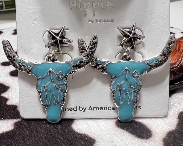 Fashion Turquoise and silver Start Steer Earrings Cedar Hill Country Market
