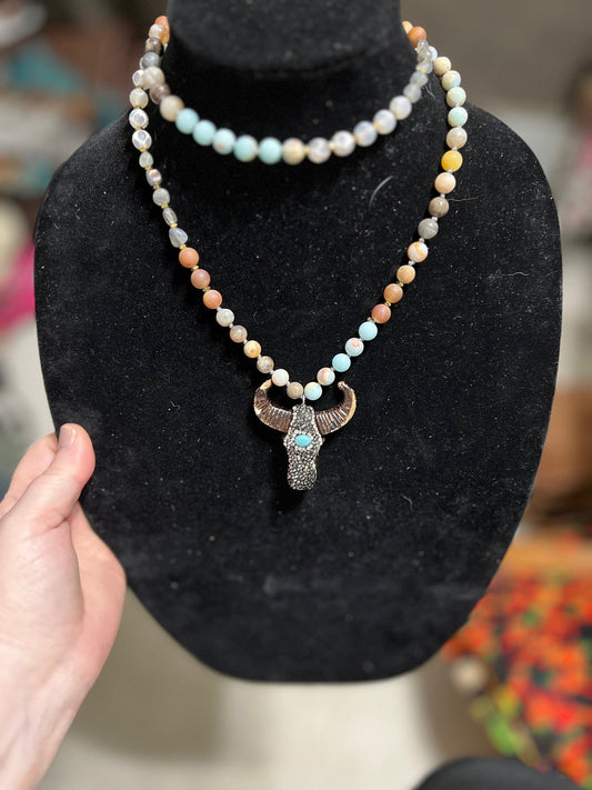 Genuine Ammonite Pearls with Hand Carved Wood Bull Glitter Bull Skull Necklace Cedar Hill Country Market