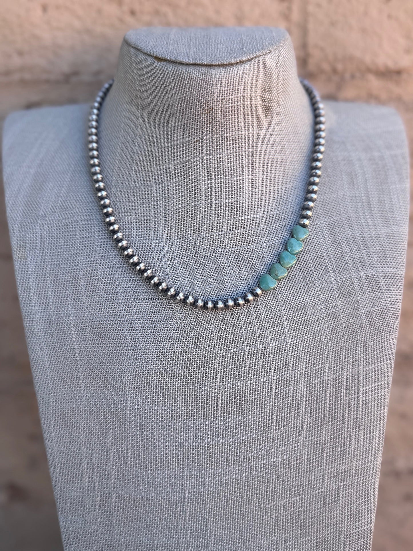 Handcrafted Kingman Turquoise & Sterling Silver Heart 5mm Beaded Necklace 18" Nizhoni Traders LLC