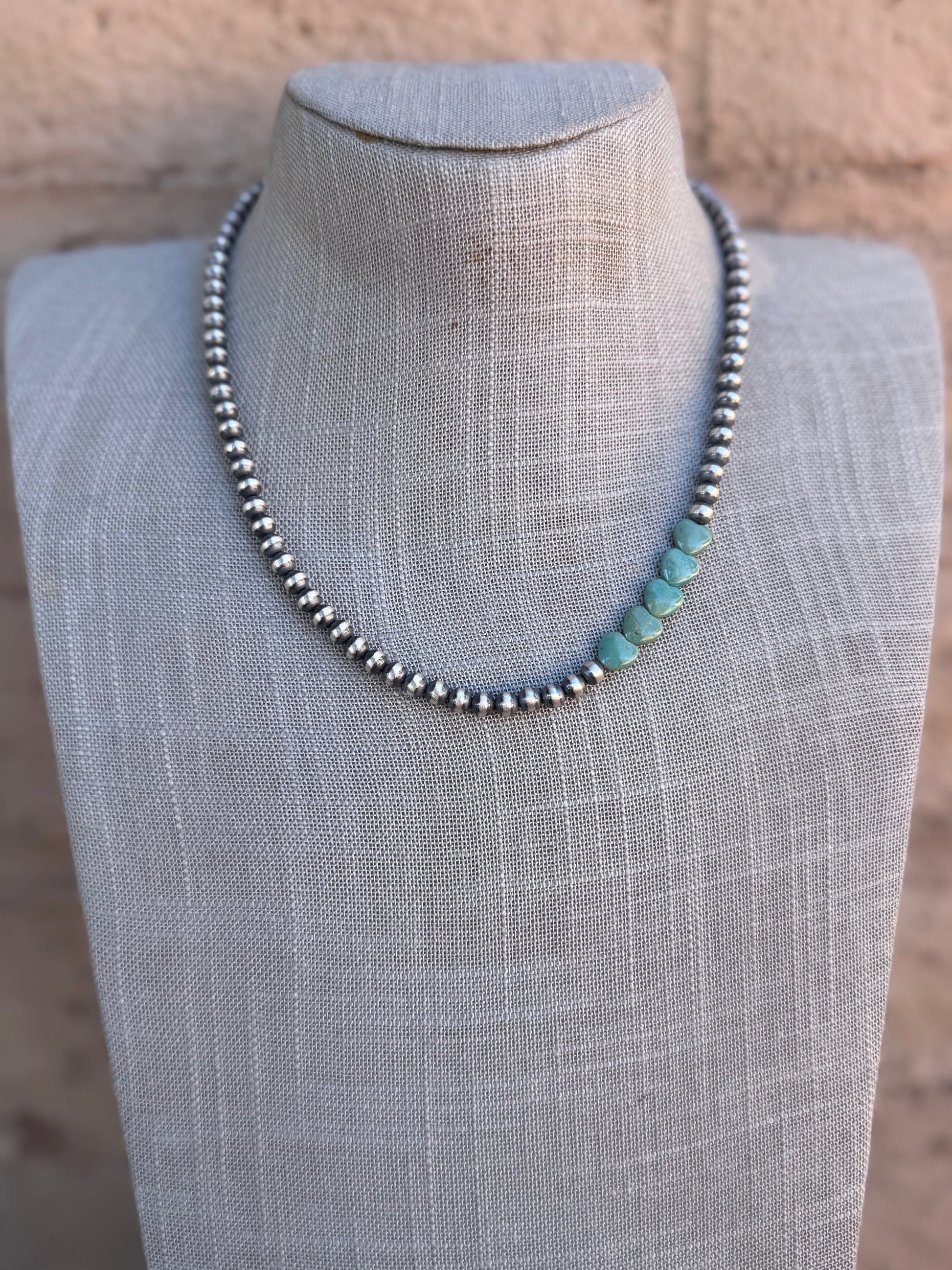 Handcrafted Kingman Turquoise & Sterling Silver Heart 5mm Beaded Necklace 18" Nizhoni Traders LLC