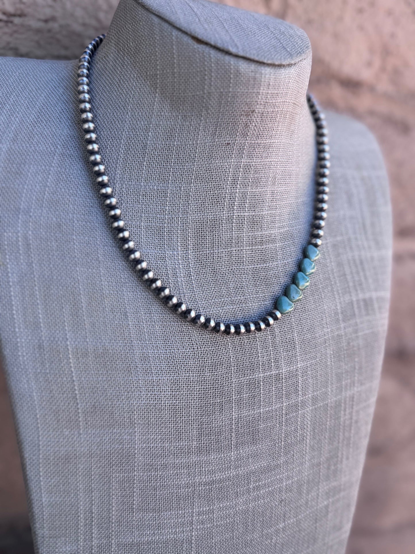 Handcrafted Kingman Turquoise & Sterling Silver Heart 5mm Beaded Necklace 18" Nizhoni Traders LLC