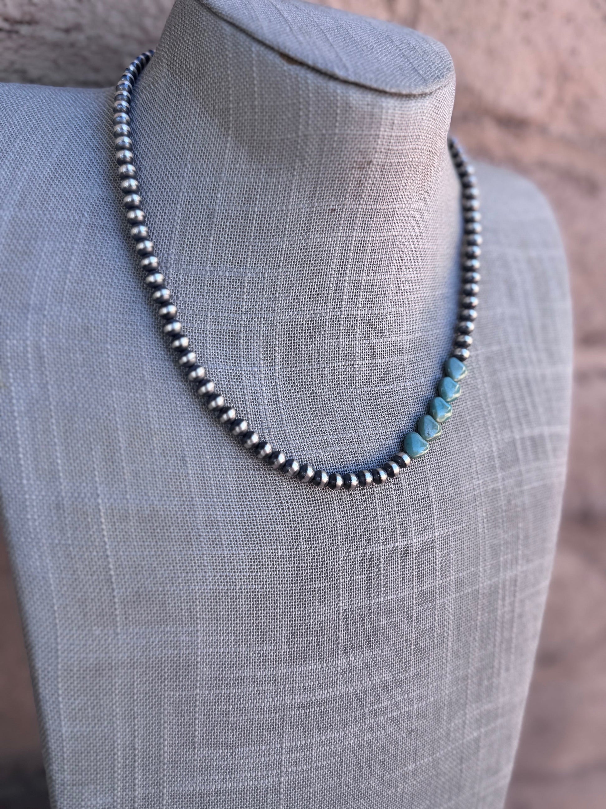 Handcrafted Kingman Turquoise & Sterling Silver Heart 5mm Beaded Necklace 18" Nizhoni Traders LLC