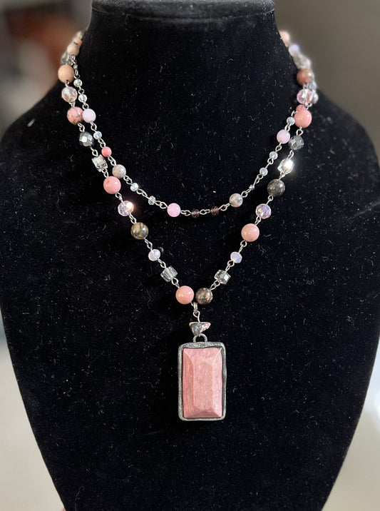 Inspired Pink Rhodochrosite Two Tier Pendant Necklace Cedar Hill Country Market
