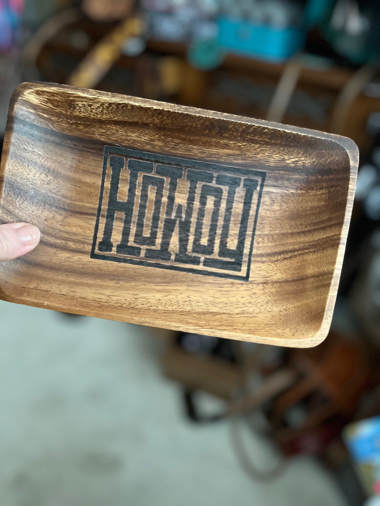 Personalized Teak Wood HOWDY Jewelry/Key Tray 9 inch Cedar Hill Country Market