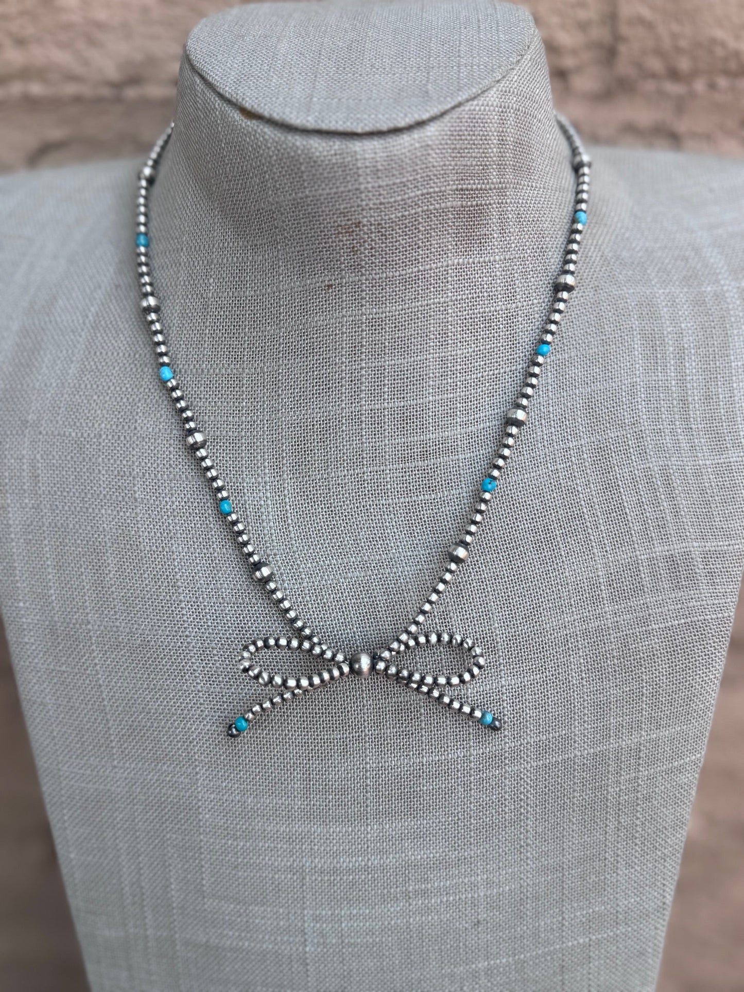 Handcrafted Sterling Silver & Turquoise Pearl 3-8mm Beaded Bow Tie Necklace 18" Nizhoni Traders LLC