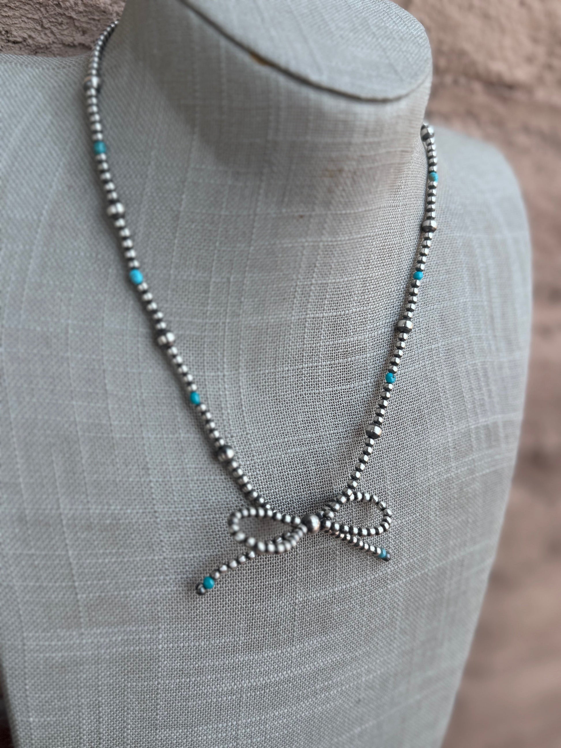 Handcrafted Sterling Silver & Turquoise Pearl 3-8mm Beaded Bow Tie Necklace 18" Nizhoni Traders LLC