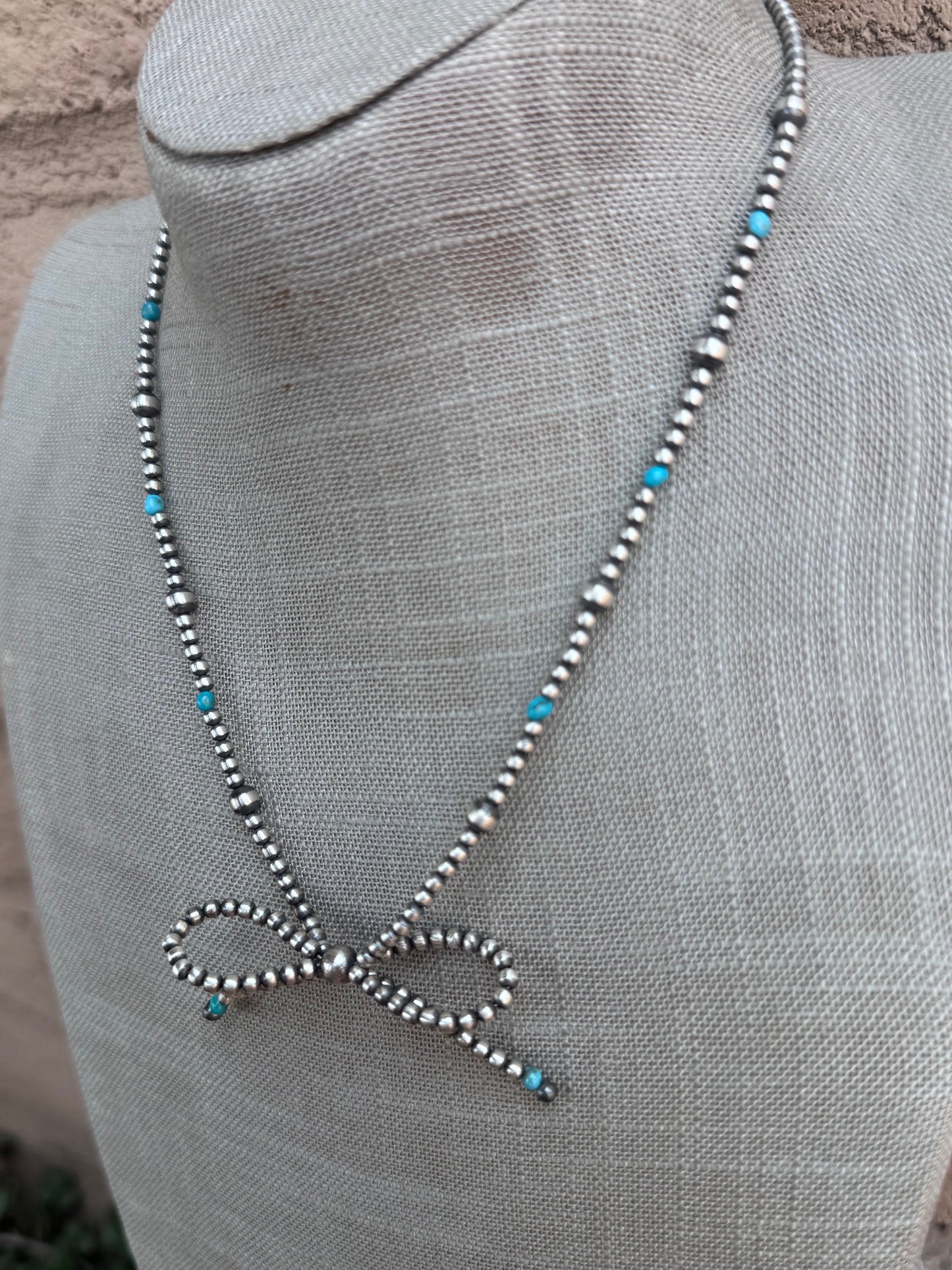 Handcrafted Sterling Silver & Turquoise Pearl 3-8mm Beaded Bow Tie Necklace 18" Nizhoni Traders LLC