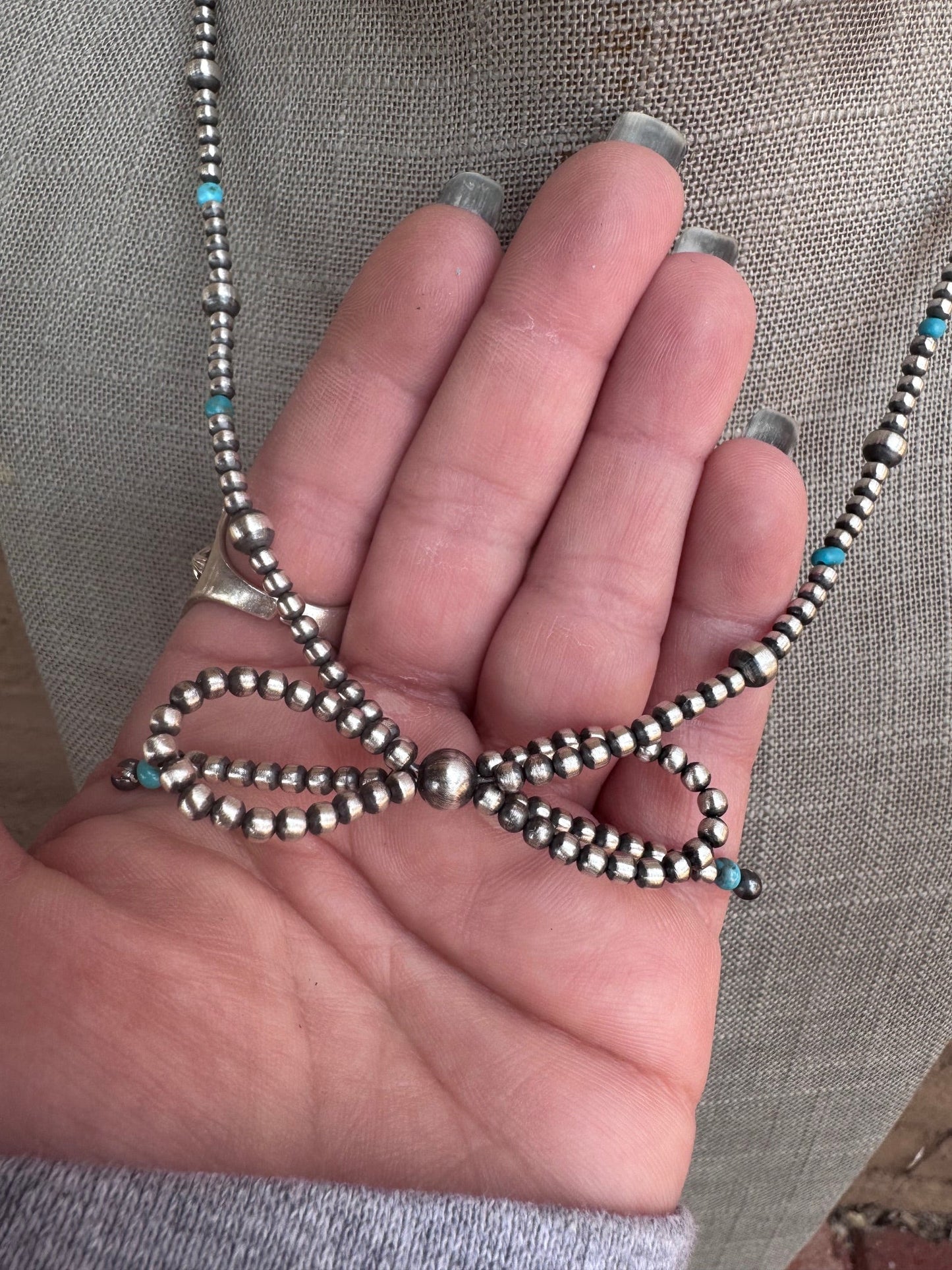 Handcrafted Sterling Silver & Turquoise Pearl 3-8mm Beaded Bow Tie Necklace 18" Nizhoni Traders LLC