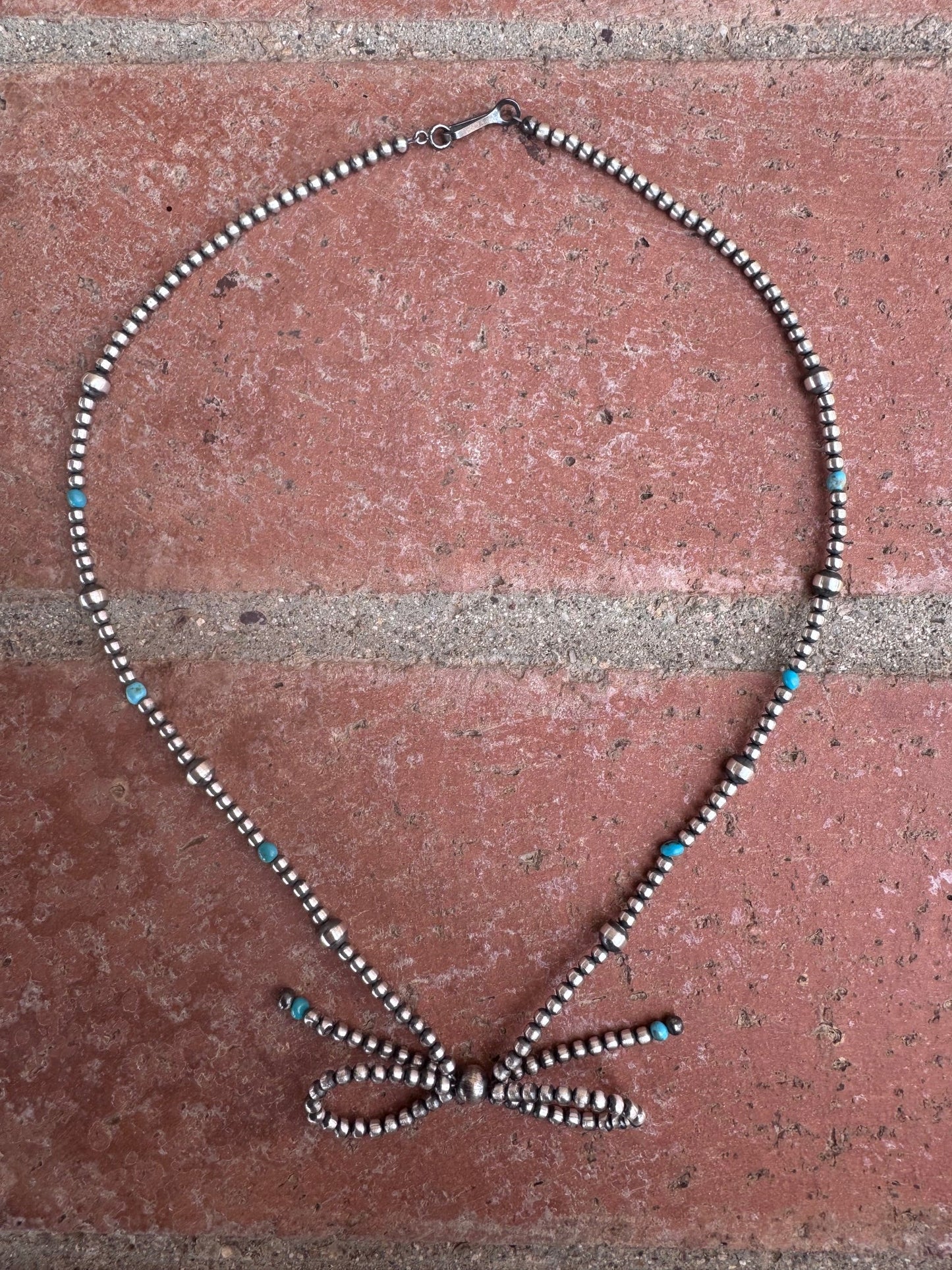 Handcrafted Sterling Silver & Turquoise Pearl 3-8mm Beaded Bow Tie Necklace 18" Nizhoni Traders LLC
