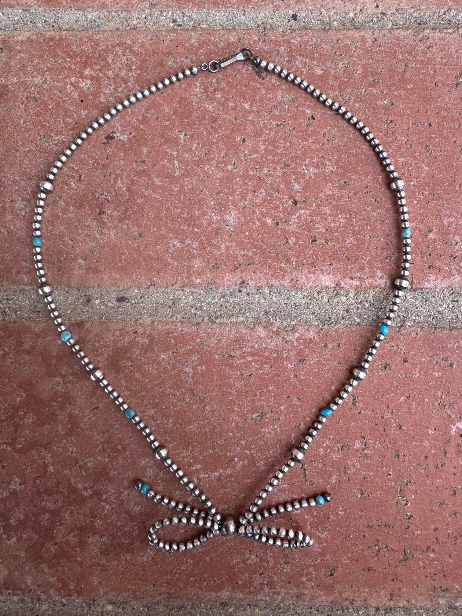 Handcrafted Sterling Silver & Turquoise Pearl 3-8mm Beaded Bow Tie Necklace 18" Nizhoni Traders LLC