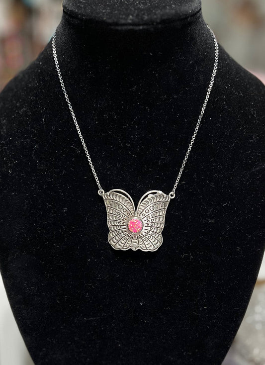 SS Genuine PInk Balloon Opal Butterfly Closed Back Pendant Necklace Cedar Hill Country Market