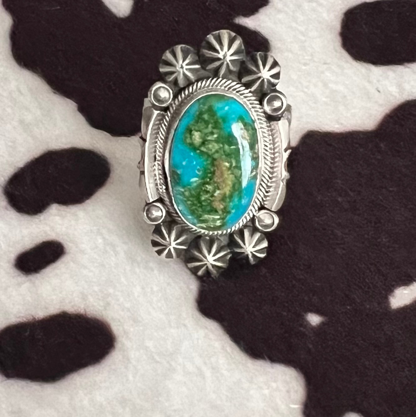 Daniel Benally Navajo Sonoran Gold Turquoise Raindrops Ring Sz 7 sterling signed Cedar Hill Country Market