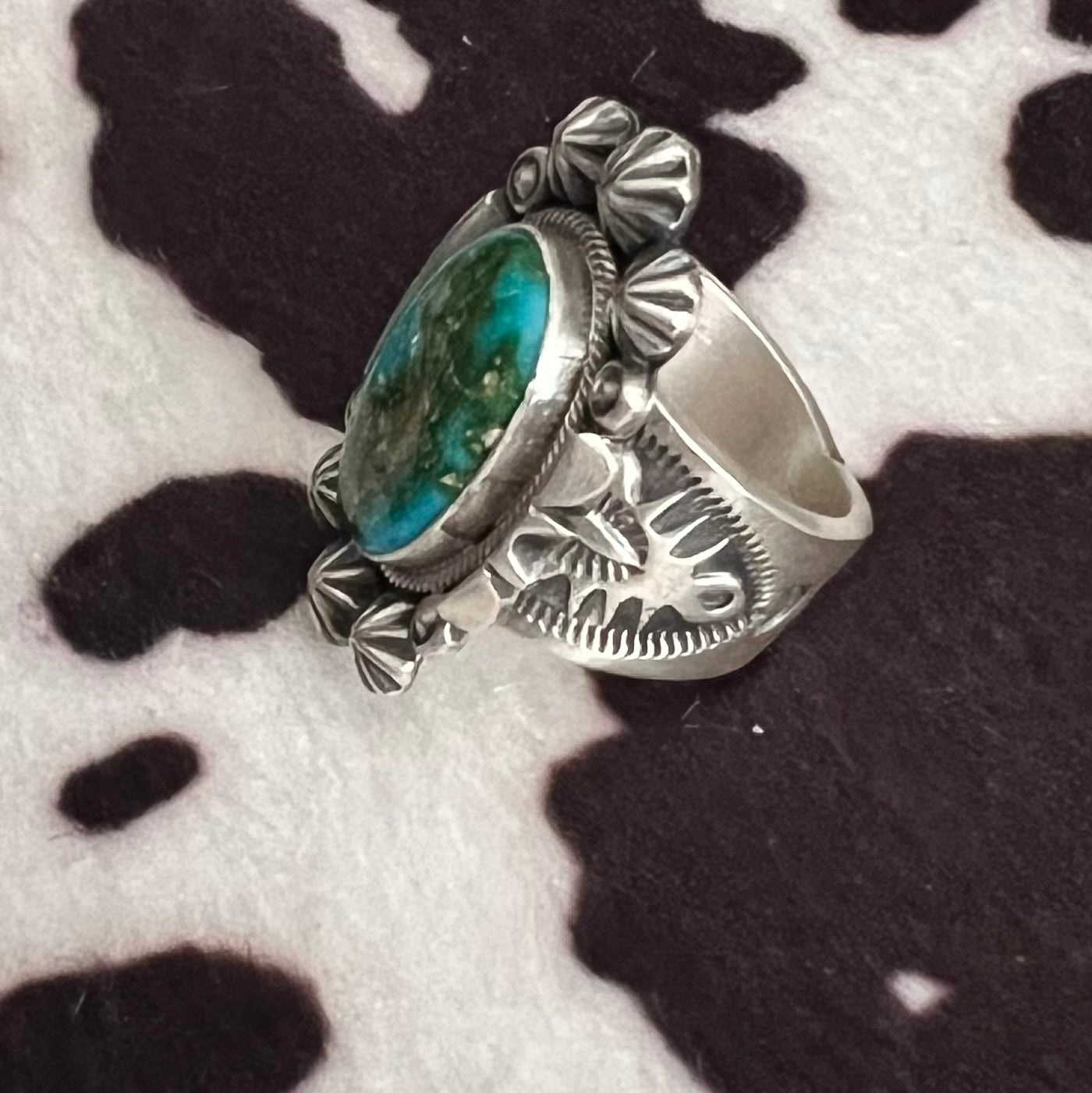 Daniel Benally Navajo Sonoran Gold Turquoise Raindrops Ring Sz 7 sterling signed Cedar Hill Country Market