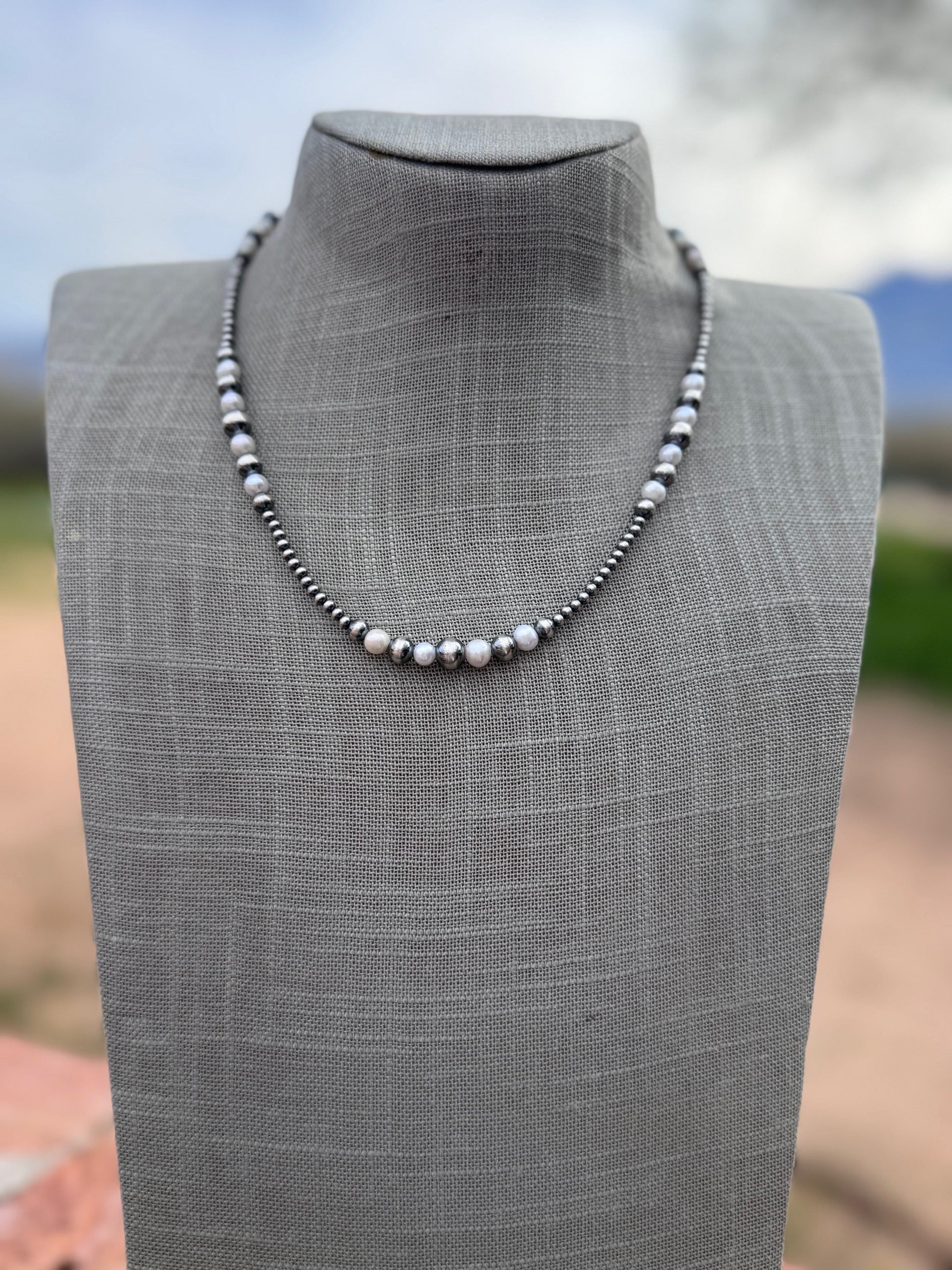 Handcrafted Mother of Pearl & Sterling Silver Pearl 3-8mm Beaded Necklace 18" Nizhoni Traders LLC
