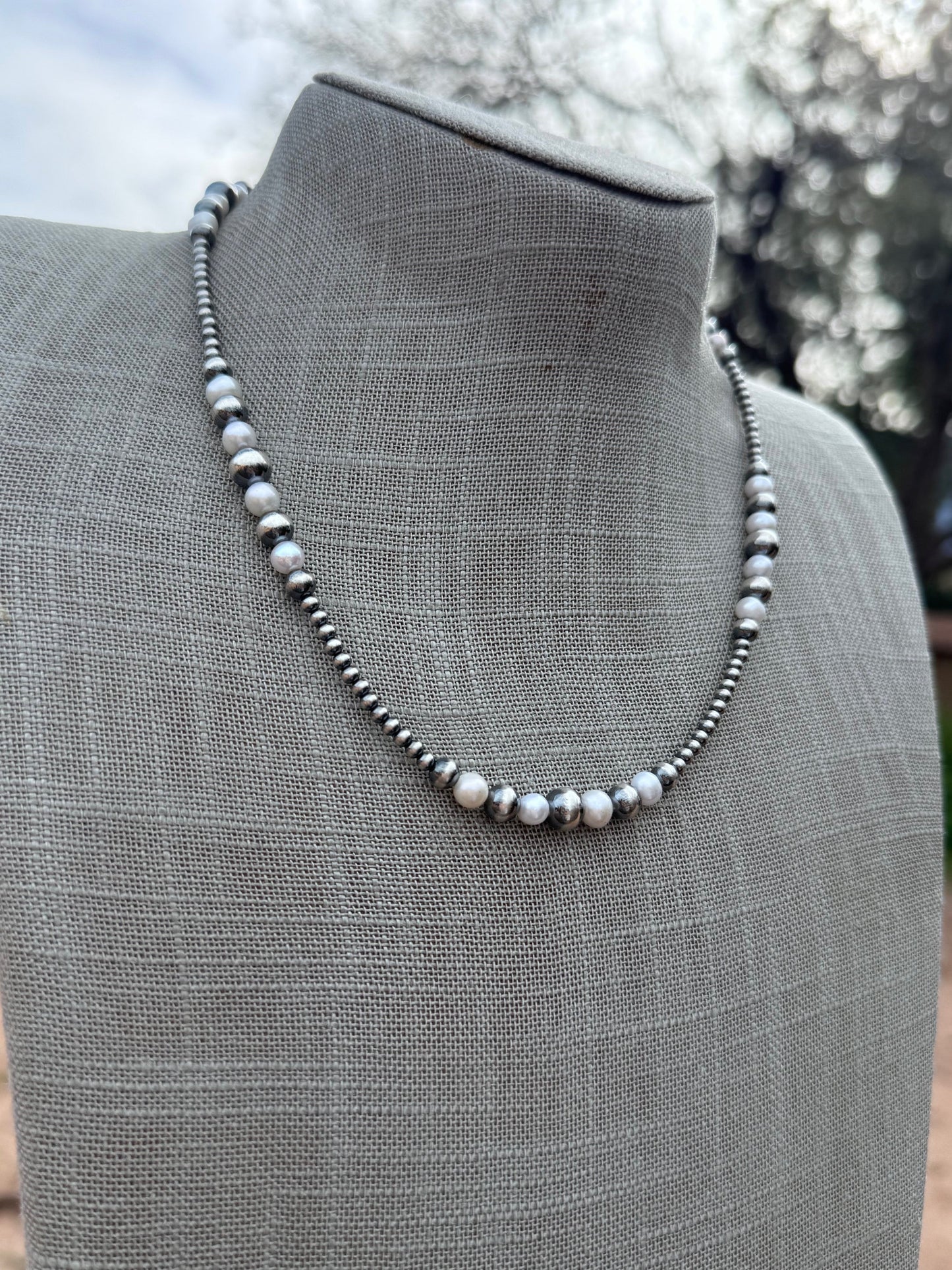 Handcrafted Mother of Pearl & Sterling Silver Pearl 3-8mm Beaded Necklace 18" Nizhoni Traders LLC