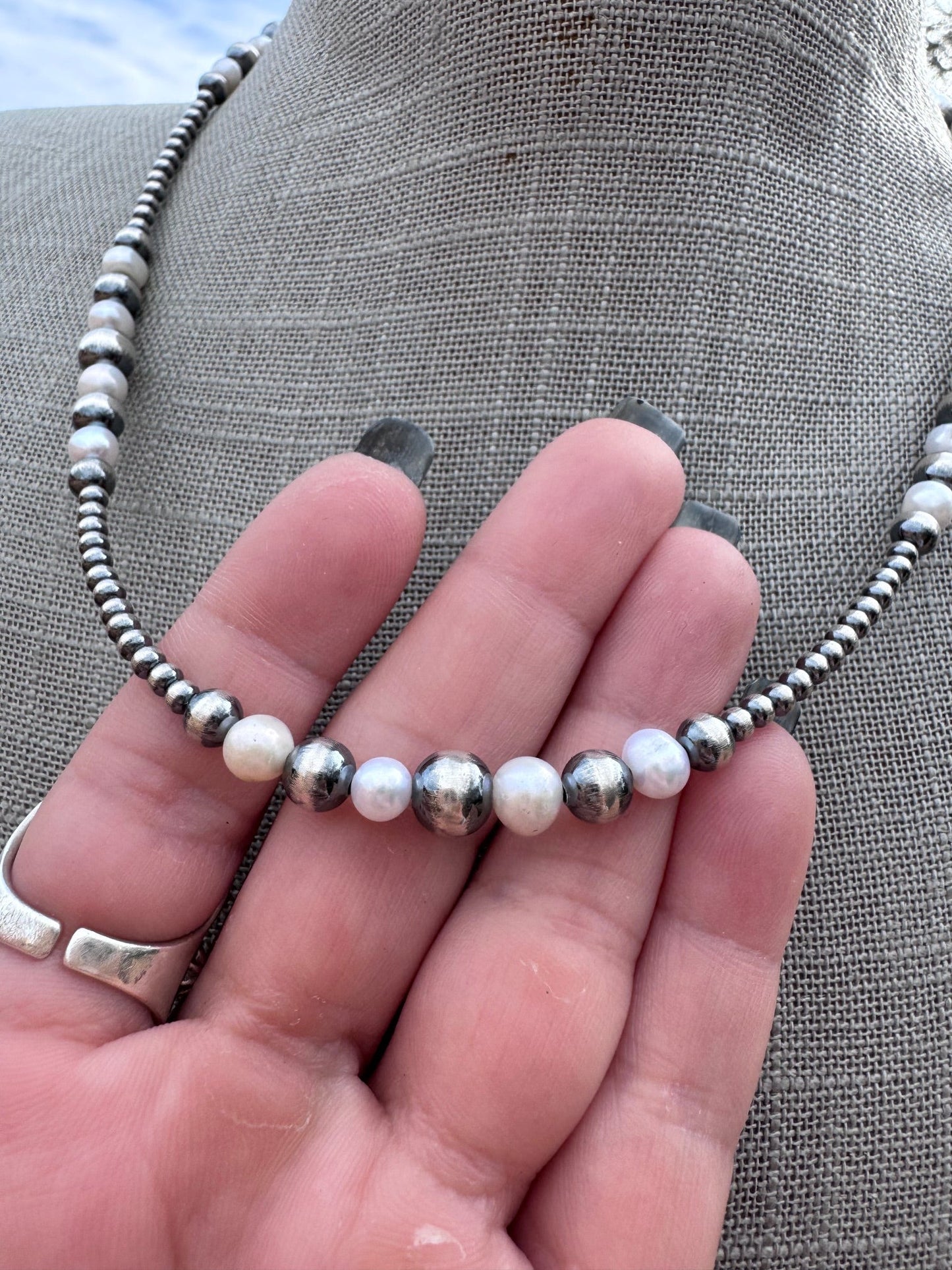 Handcrafted Mother of Pearl & Sterling Silver Pearl 3-8mm Beaded Necklace 18" Nizhoni Traders LLC