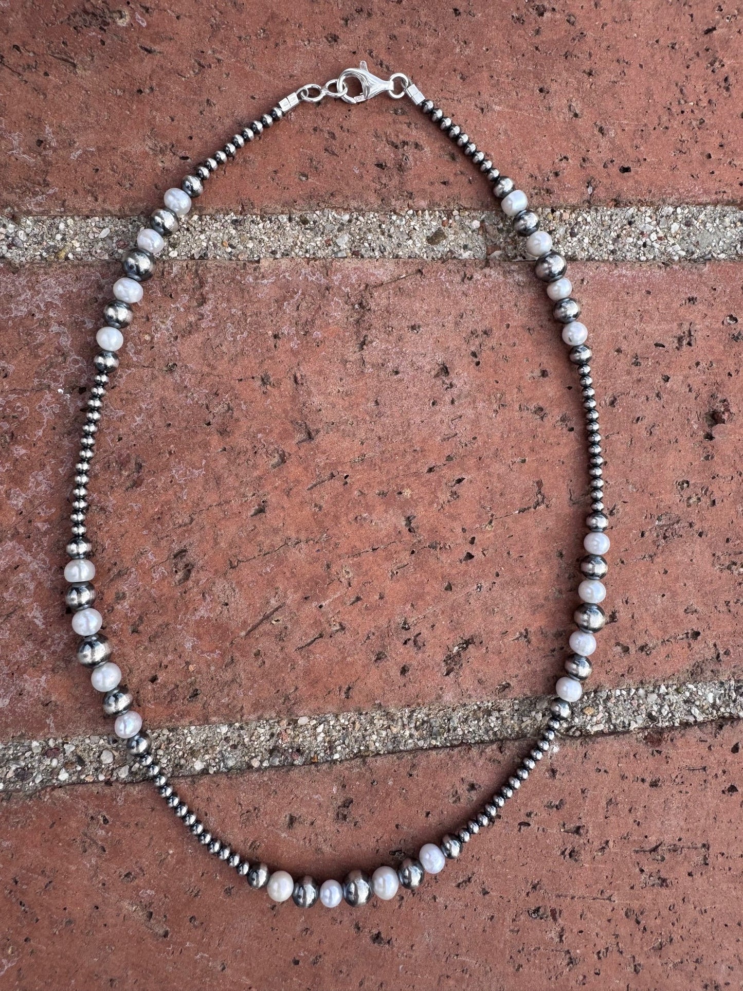 Handcrafted Mother of Pearl & Sterling Silver Pearl 3-8mm Beaded Necklace 18" Nizhoni Traders LLC