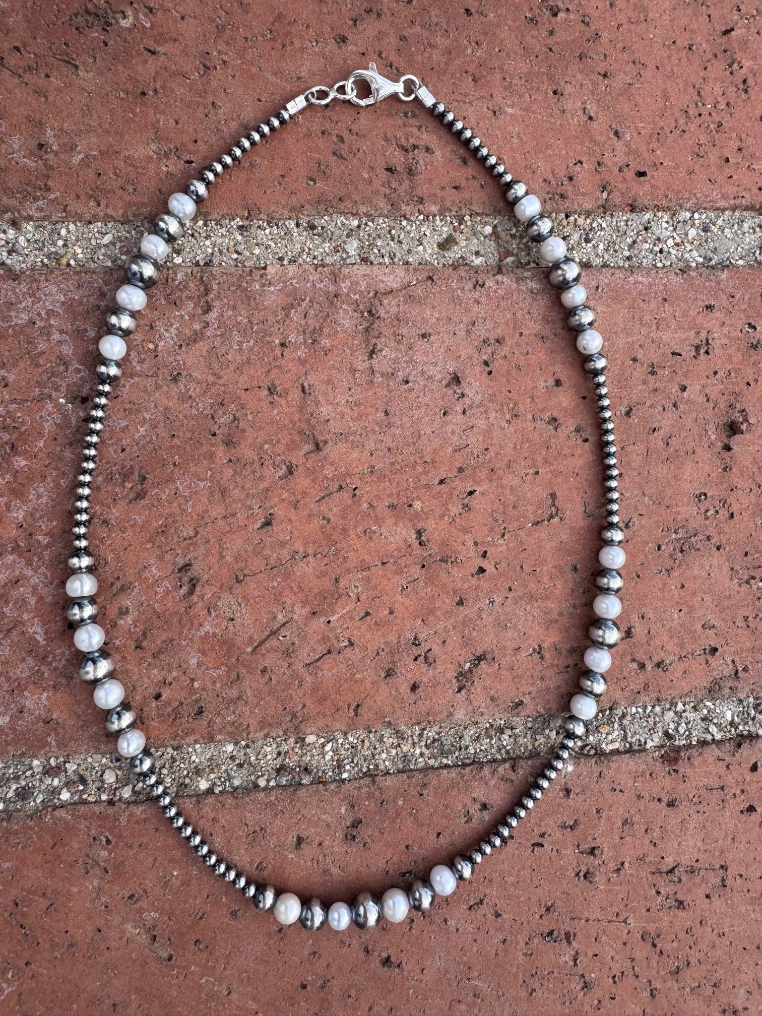 Handcrafted Mother of Pearl & Sterling Silver Pearl 3-8mm Beaded Necklace 18" Nizhoni Traders LLC