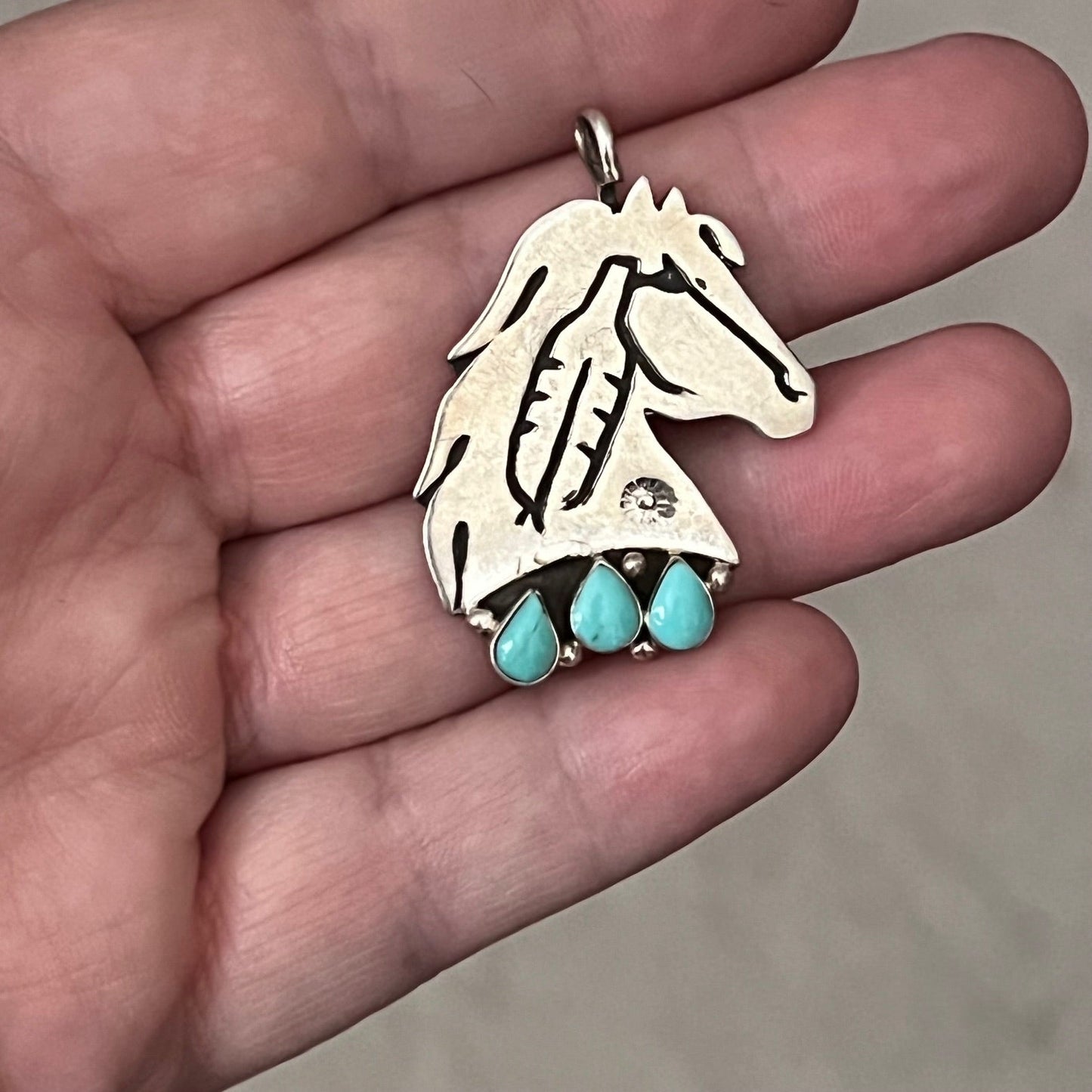 SS Genuine Turquoise Horse Head Pendant - Artist Robert Vandever Cedar Hill Country Market
