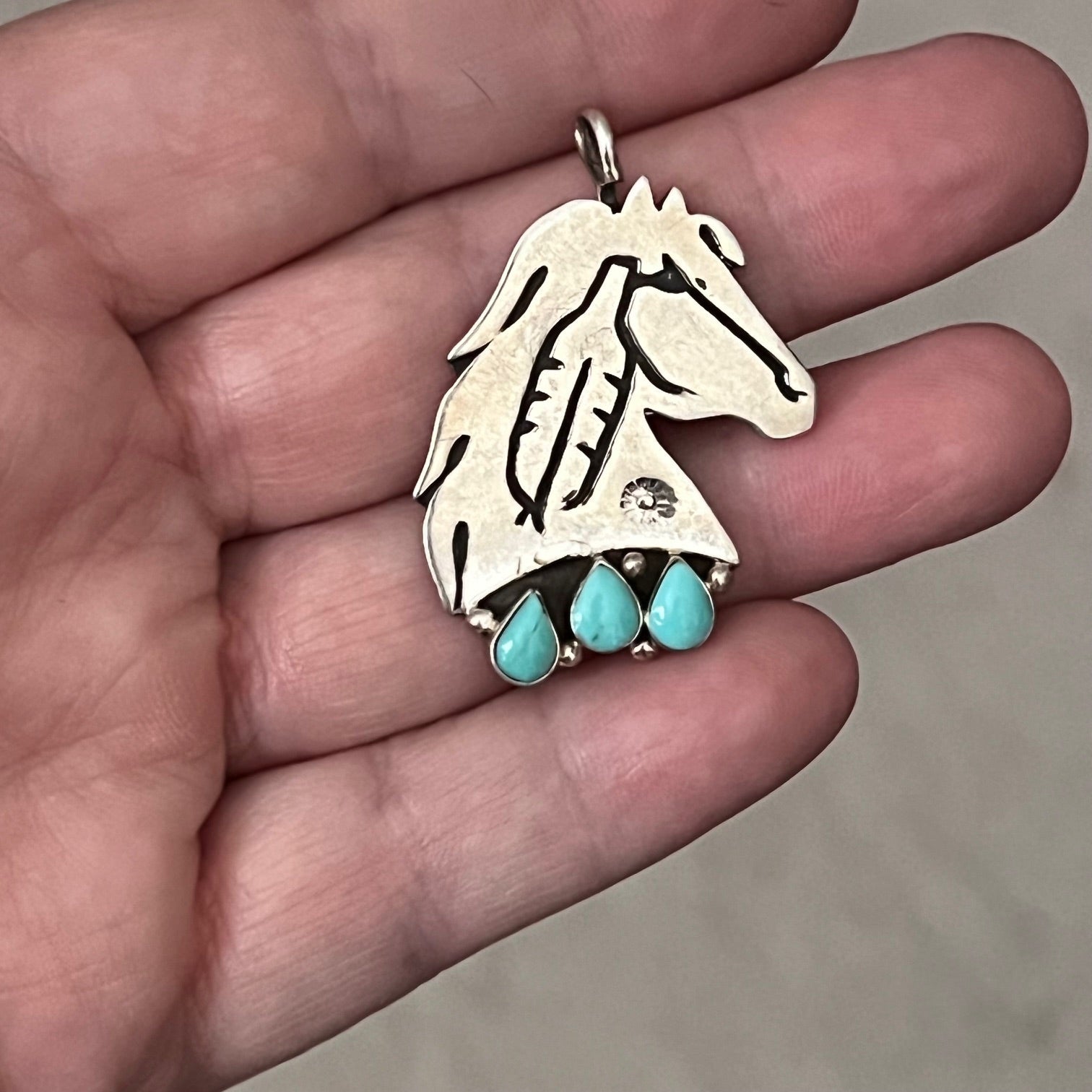 SS Genuine Turquoise Horse Head Pendant - Artist Robert Vandever Cedar Hill Country Market