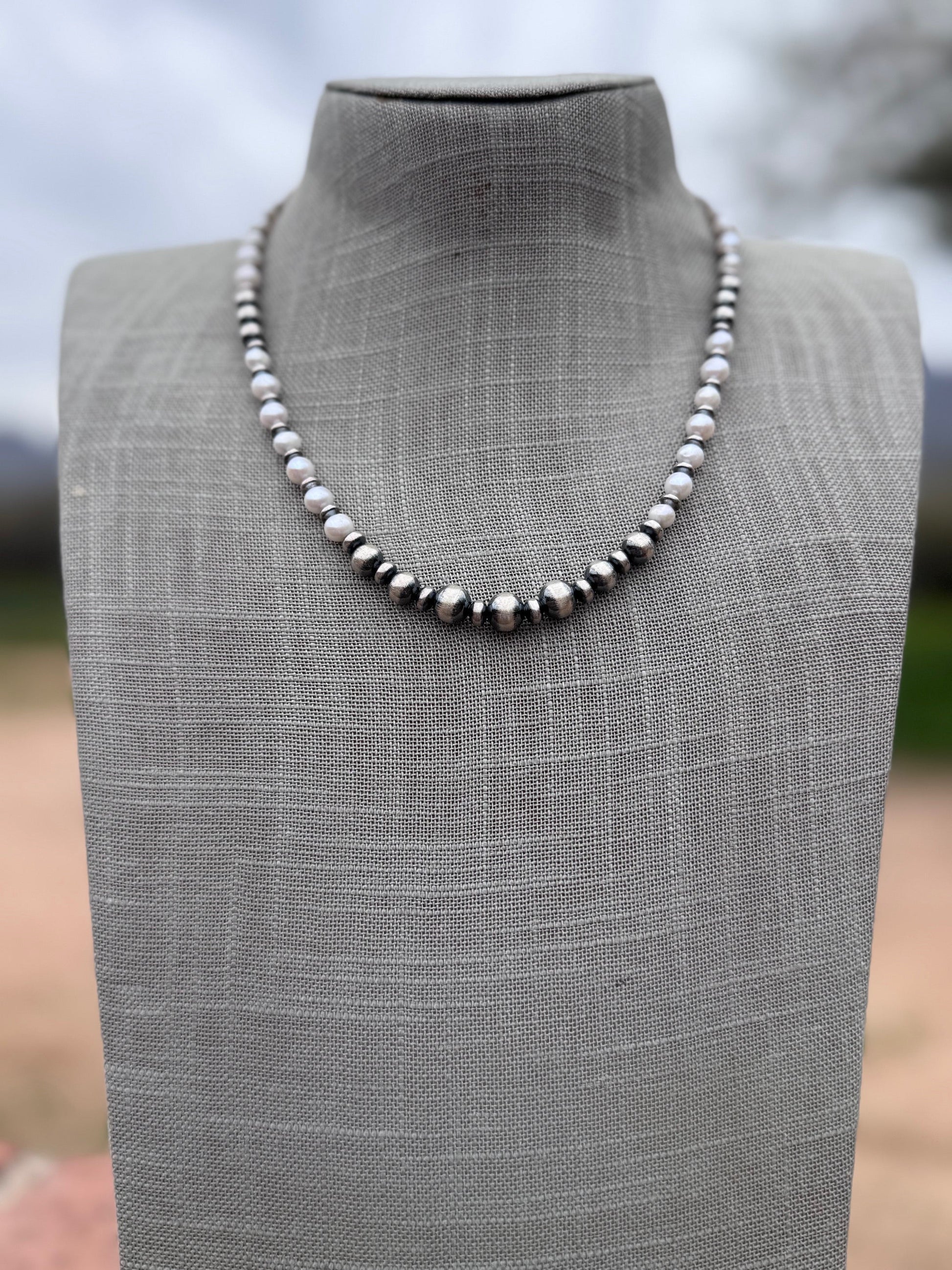 Handcrafted Mother of Pearl & Sterling Silver Pearl 6-8mm Beaded Necklace 18" Nizhoni Traders LLC