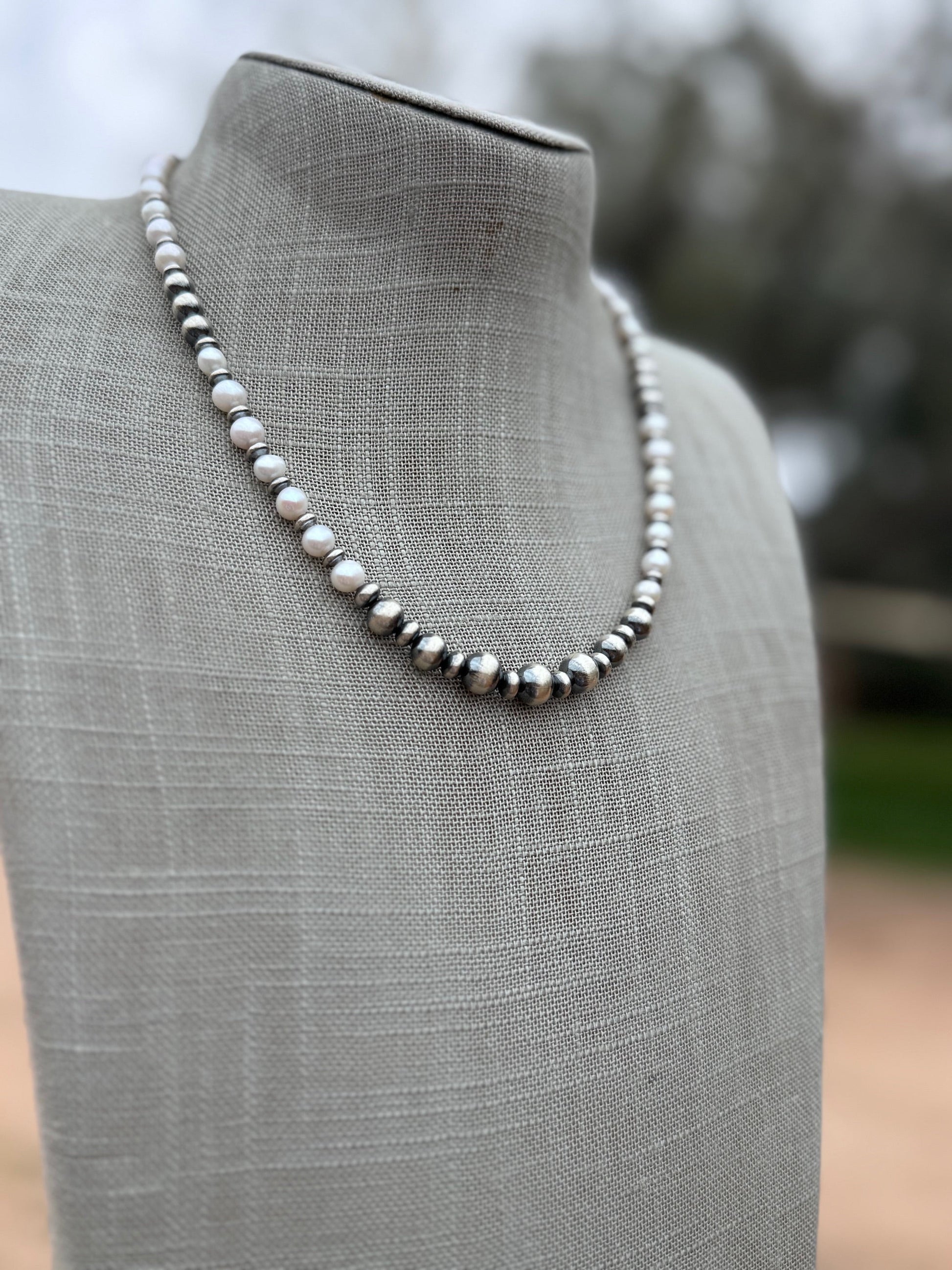 Handcrafted Mother of Pearl & Sterling Silver Pearl 6-8mm Beaded Necklace 18" Nizhoni Traders LLC