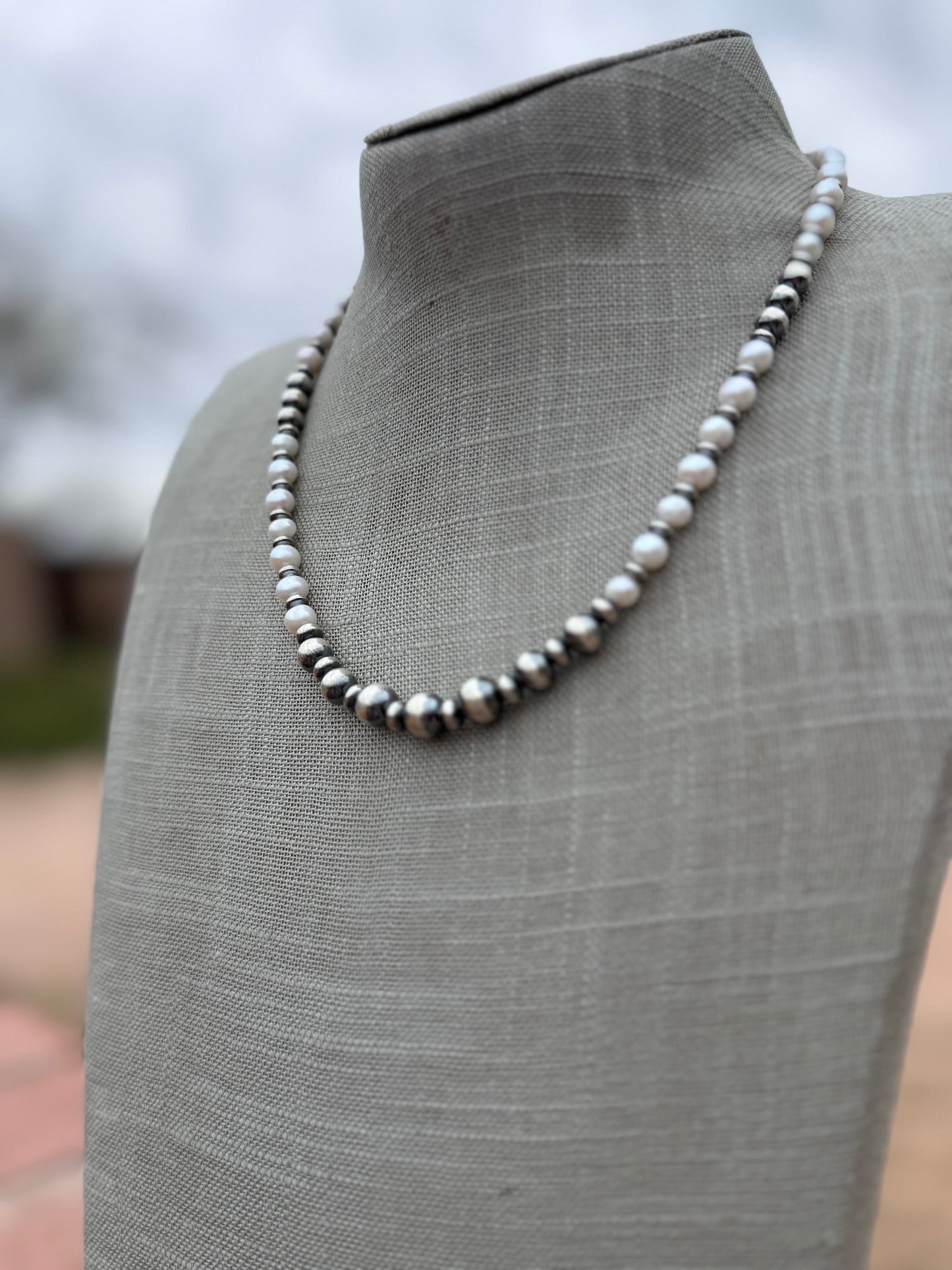 Handcrafted Mother of Pearl & Sterling Silver Pearl 6-8mm Beaded Necklace 18" Nizhoni Traders LLC