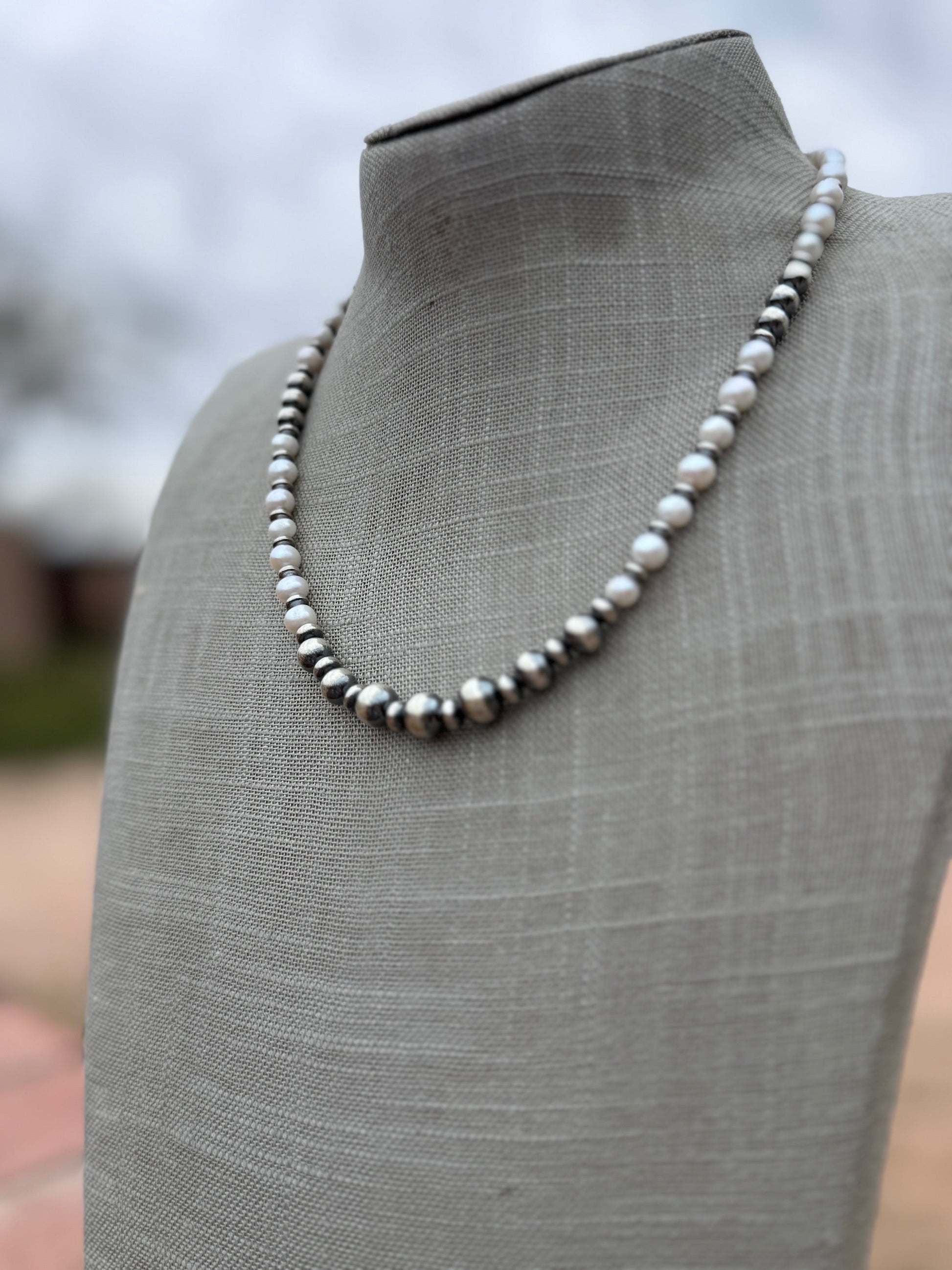 Handcrafted Mother of Pearl & Sterling Silver Pearl 6-8mm Beaded Necklace 18" Nizhoni Traders LLC