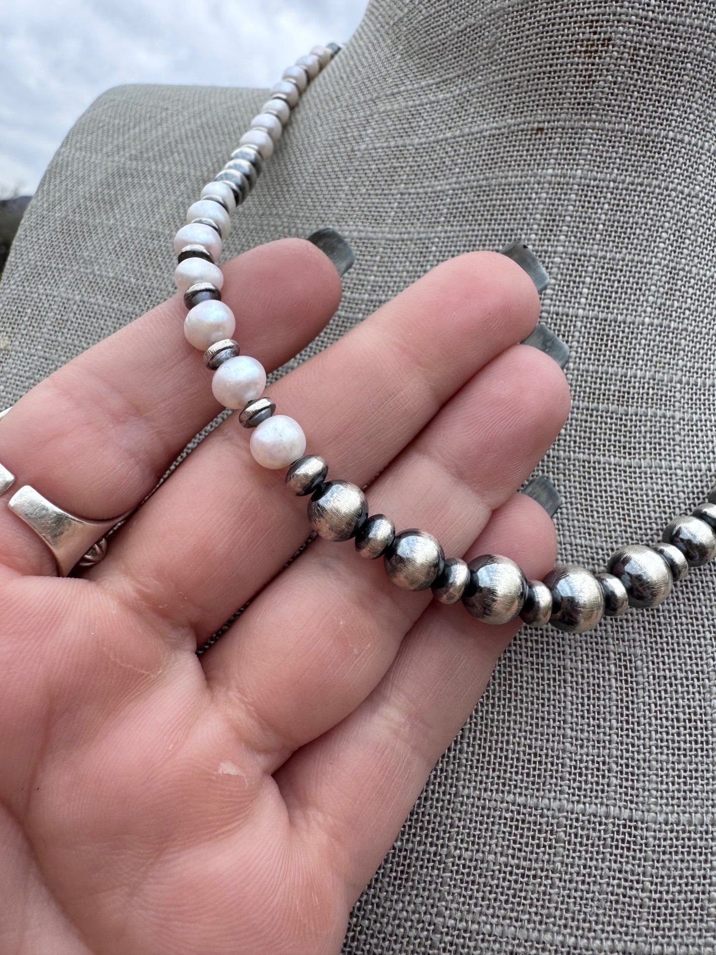 Handcrafted Mother of Pearl & Sterling Silver Pearl 6-8mm Beaded Necklace 18" Nizhoni Traders LLC