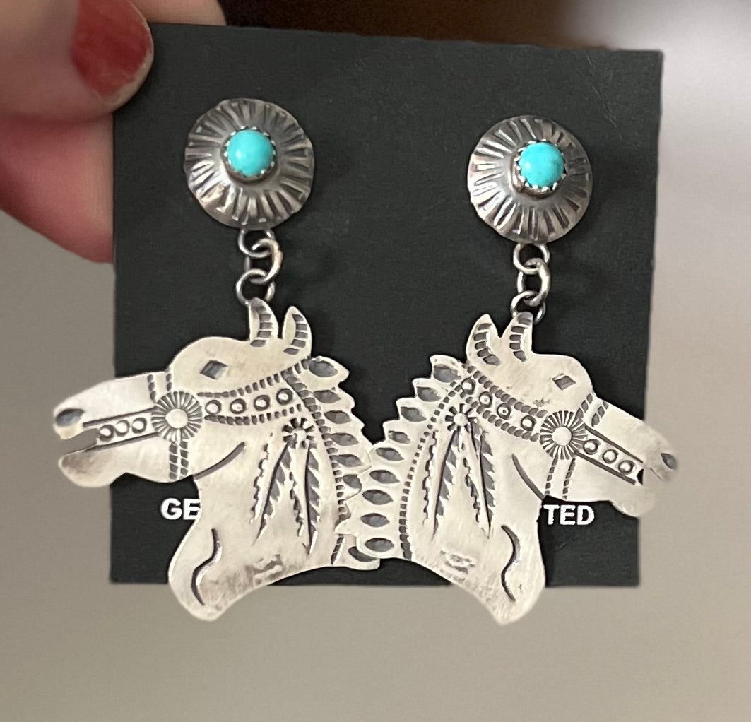 Genuine Indian Handmade Sterling Silver Horse Head Earrings with Genuine Turquoise - Artist: Gabriella Yazzie Cedar Hill Country Market