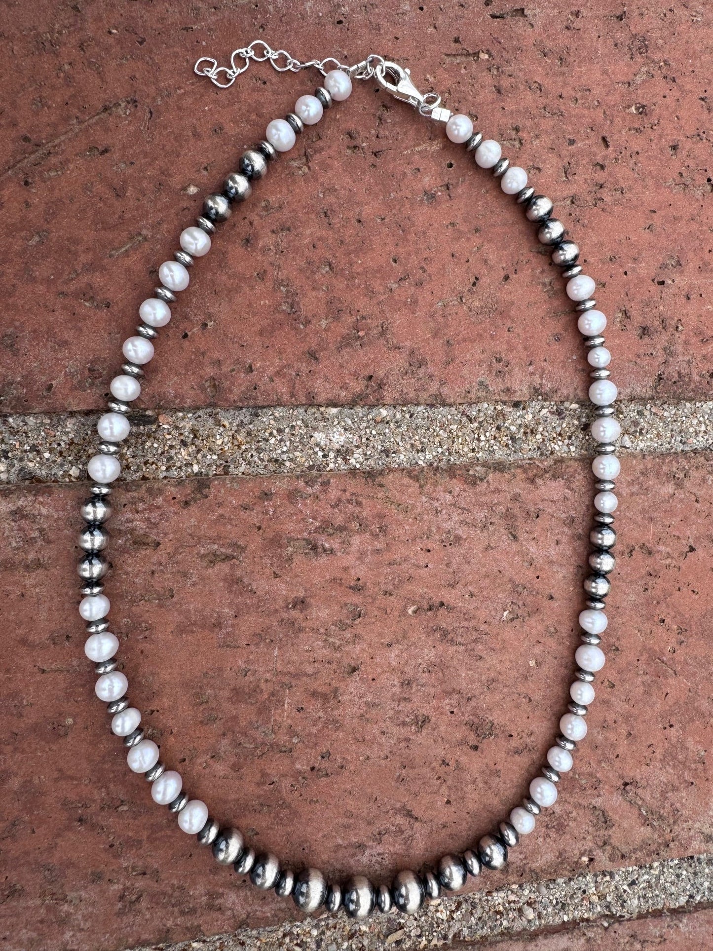 Handcrafted Mother of Pearl & Sterling Silver Pearl 6-8mm Beaded Necklace 18" Nizhoni Traders LLC