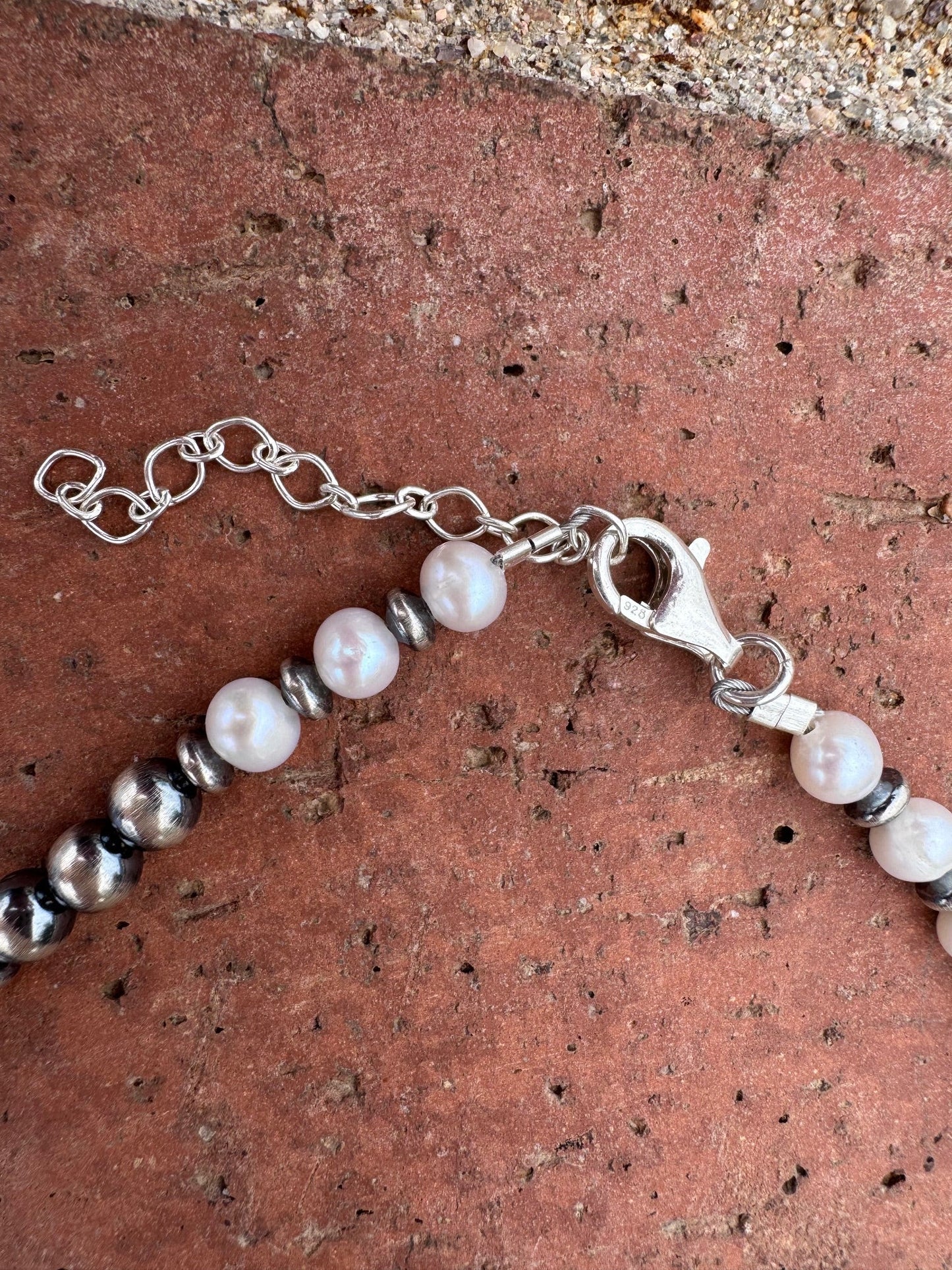 Handcrafted Mother of Pearl & Sterling Silver Pearl 6-8mm Beaded Necklace 18" Nizhoni Traders LLC