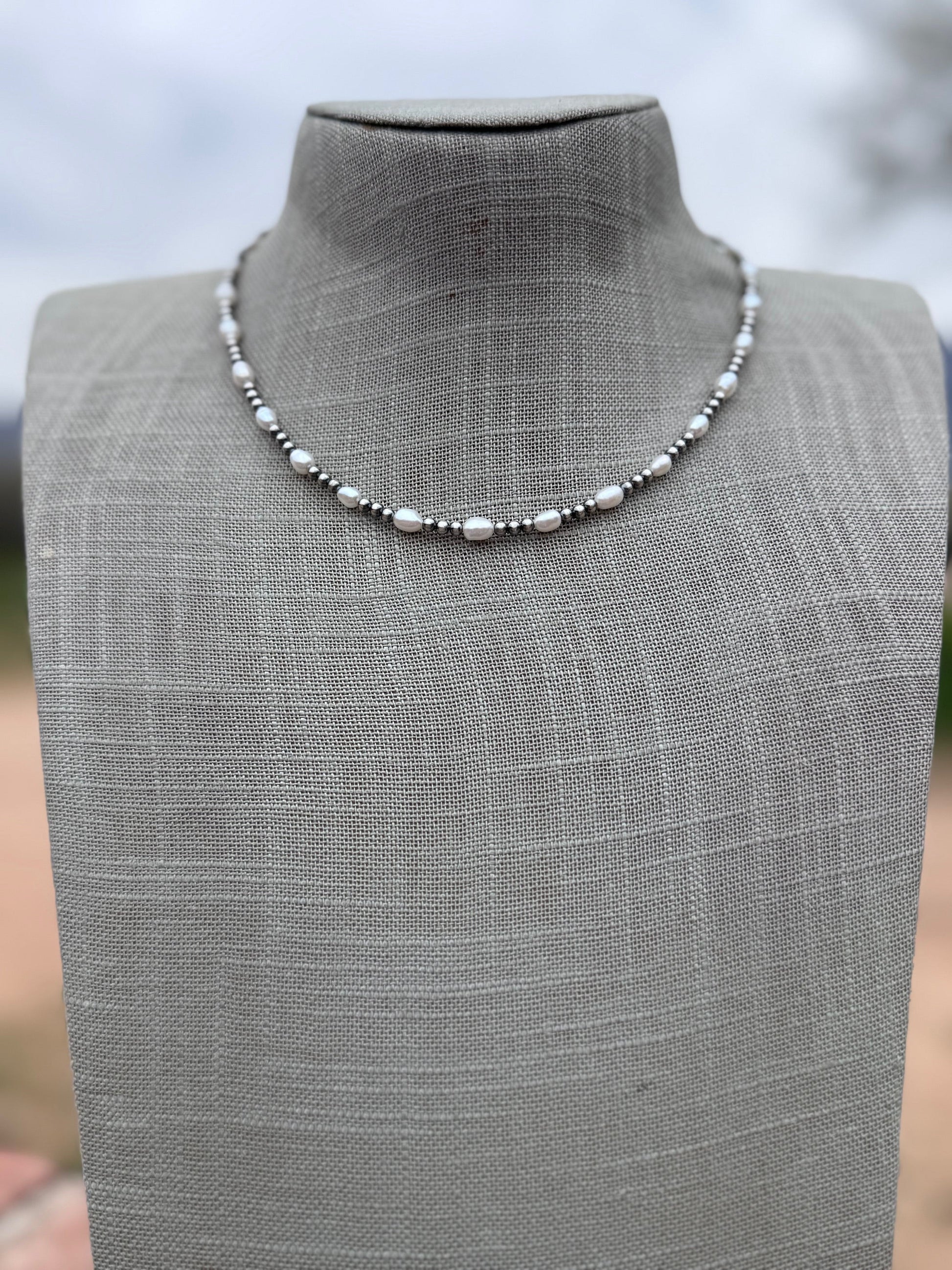 Handcrafted Mother of Pearl & Sterling Silver Pearl 3mm Beaded Necklace 16" Nizhoni Traders LLC