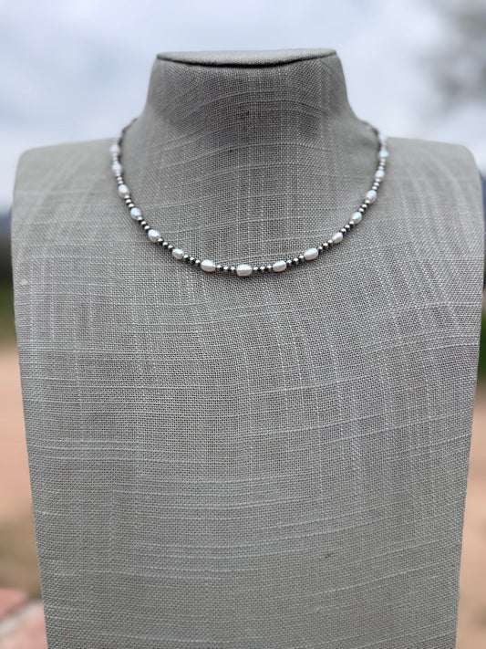 Handcrafted Mother of Pearl & Sterling Silver Pearl 3mm Beaded Necklace 16" Nizhoni Traders LLC