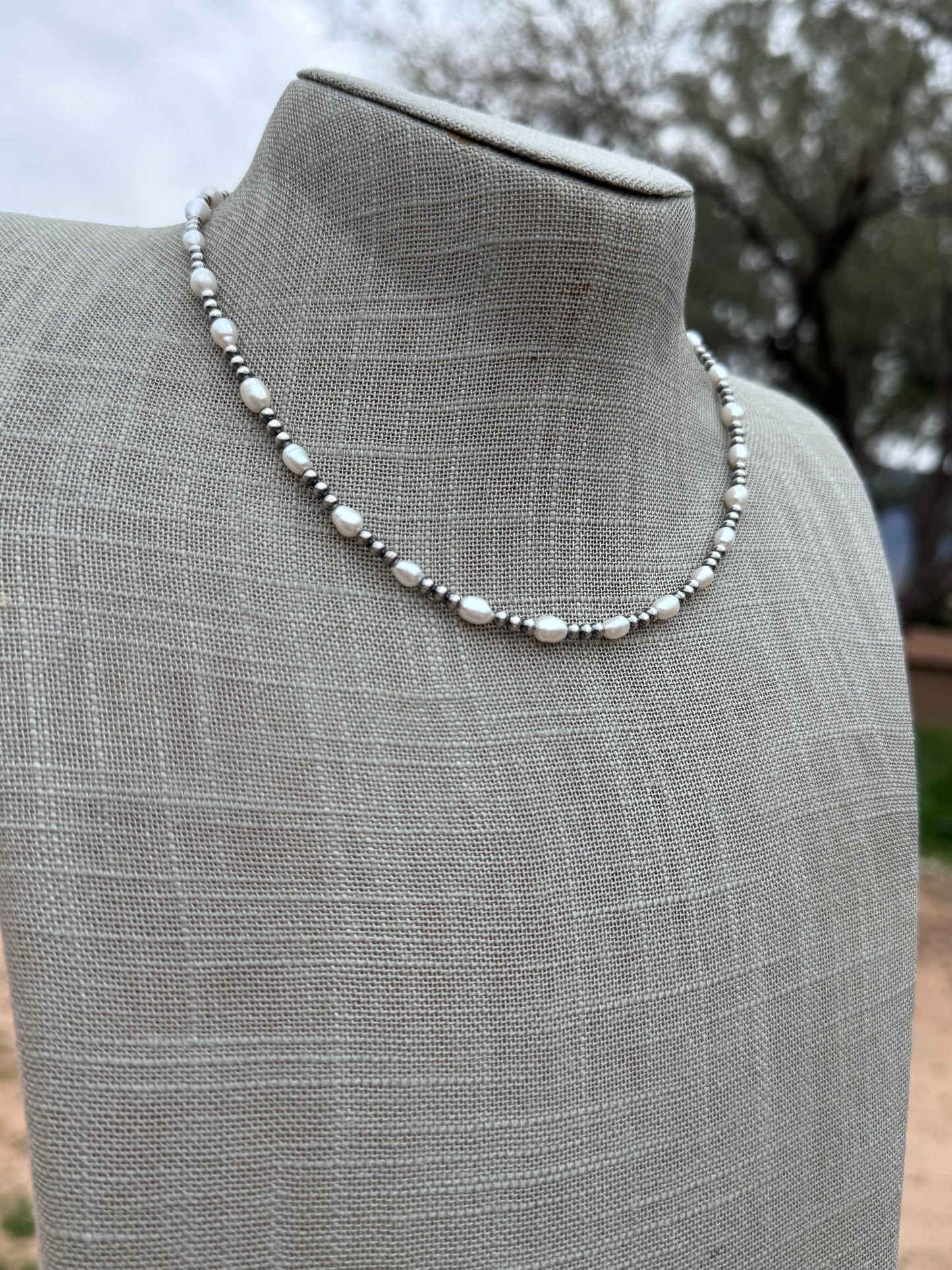Handcrafted Mother of Pearl & Sterling Silver Pearl 3mm Beaded Necklace 16" Nizhoni Traders LLC