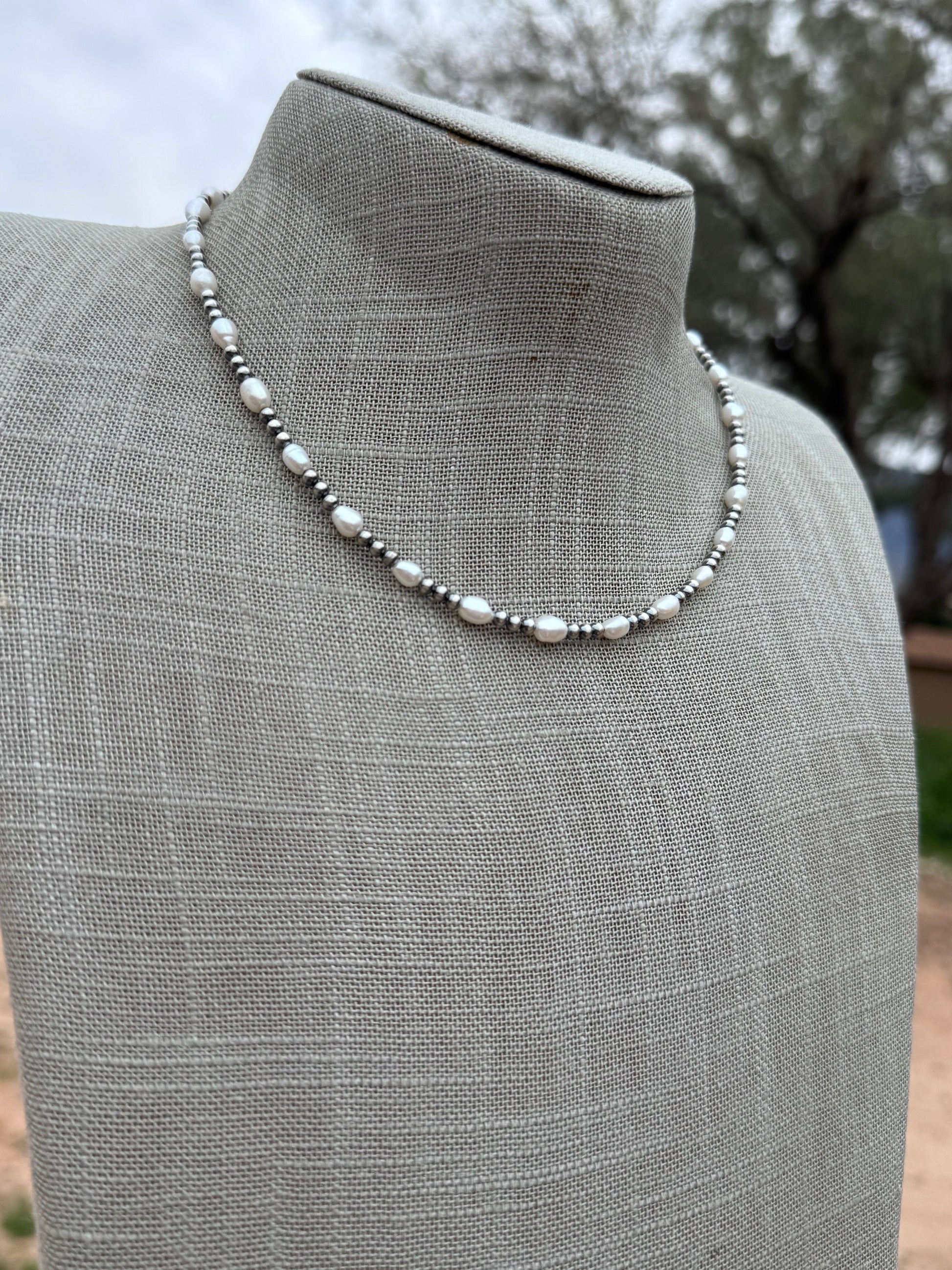 Handcrafted Mother of Pearl & Sterling Silver Pearl 3mm Beaded Necklace 16" Nizhoni Traders LLC