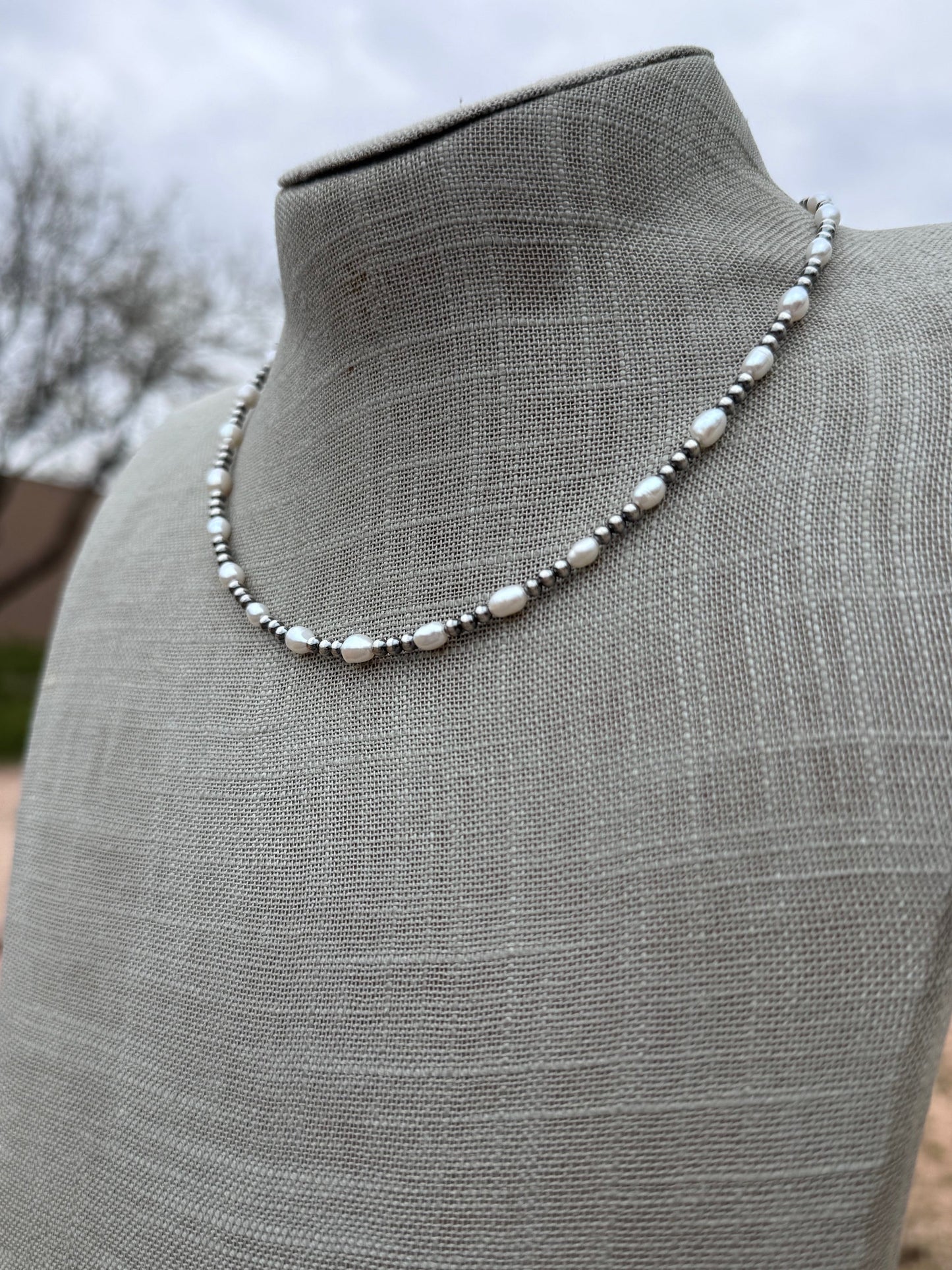 Handcrafted Mother of Pearl & Sterling Silver Pearl 3mm Beaded Necklace 16" Nizhoni Traders LLC