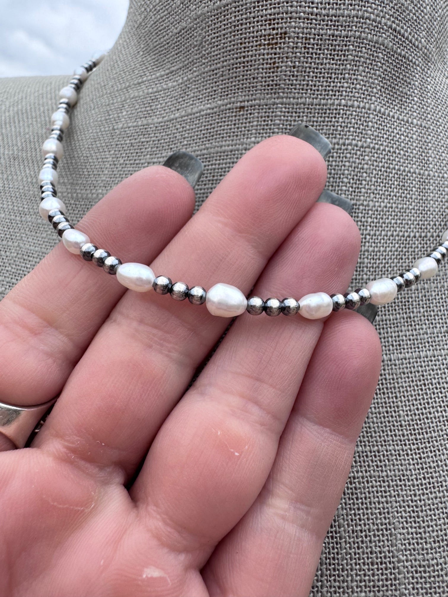 Handcrafted Mother of Pearl & Sterling Silver Pearl 3mm Beaded Necklace 16" Nizhoni Traders LLC