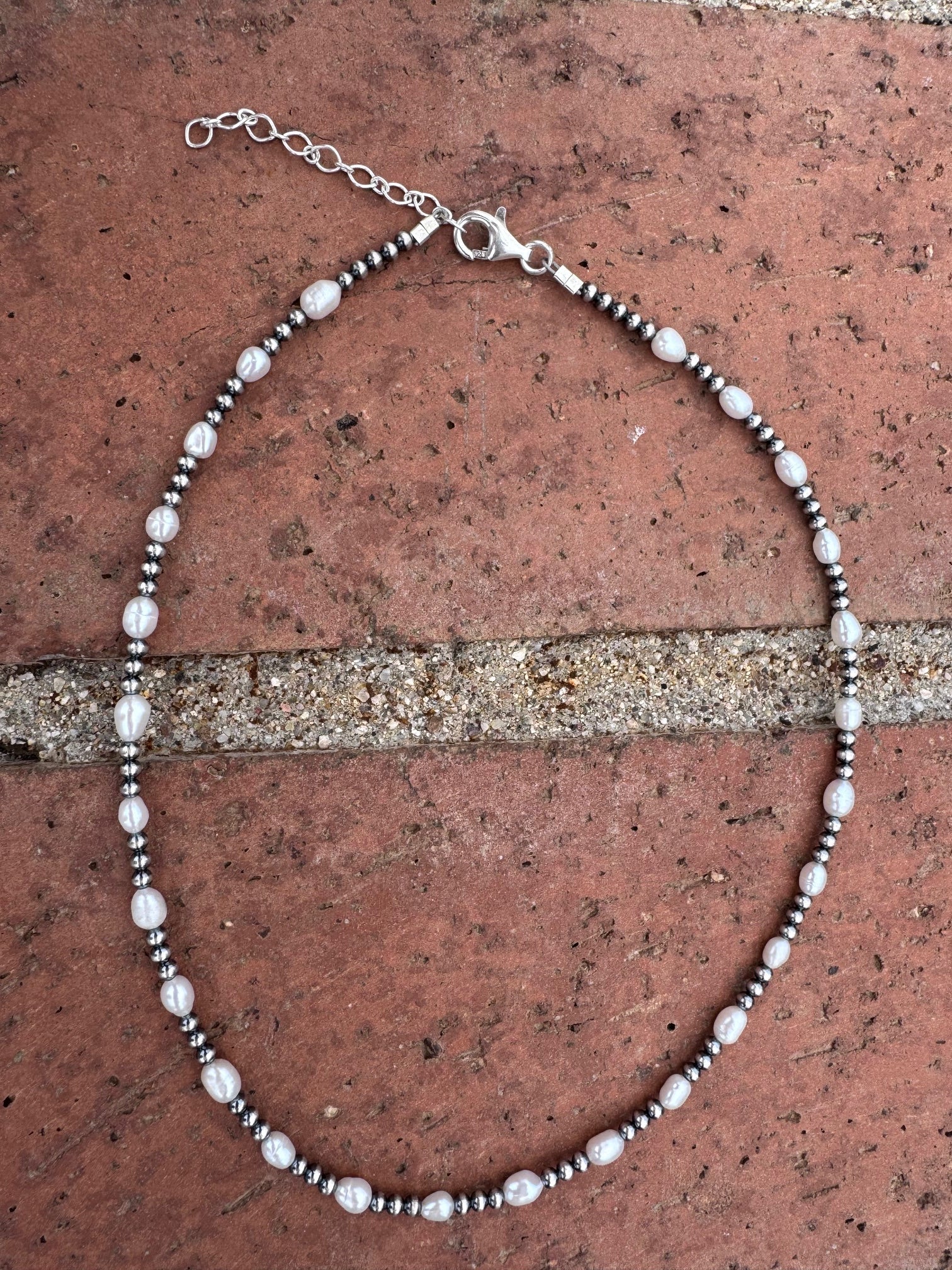 Handcrafted Mother of Pearl & Sterling Silver Pearl 3mm Beaded Necklace 16" Nizhoni Traders LLC