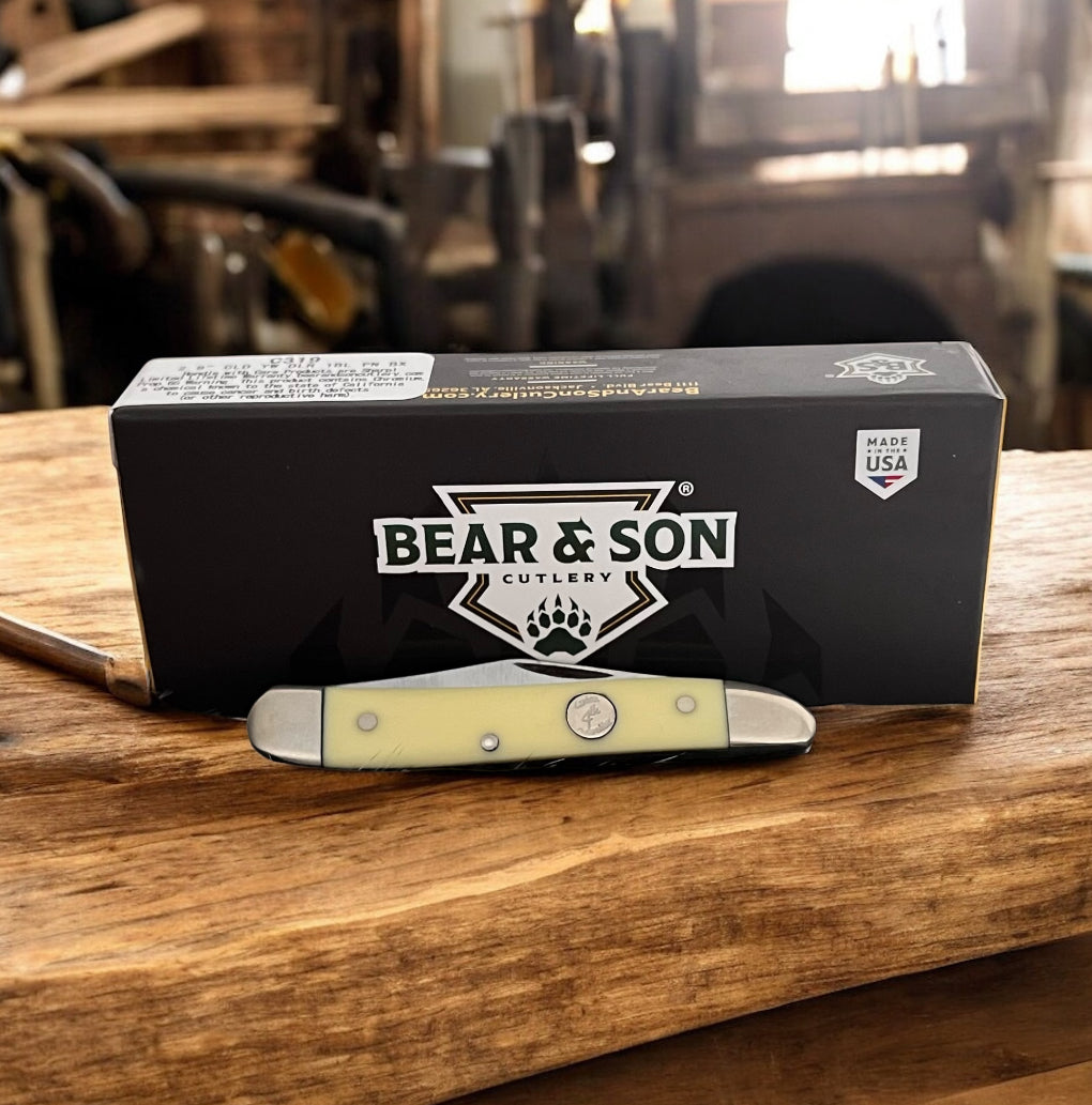 Bear & Son "PEANUT" Yellow smooth Delrin handle Pocket Knife 6000 CedarHill Country Market