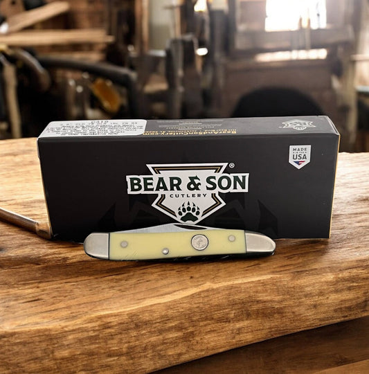 Bear & Son "PEANUT" Yellow smooth Delrin handle Pocket Knife 6000 CedarHill Country Market