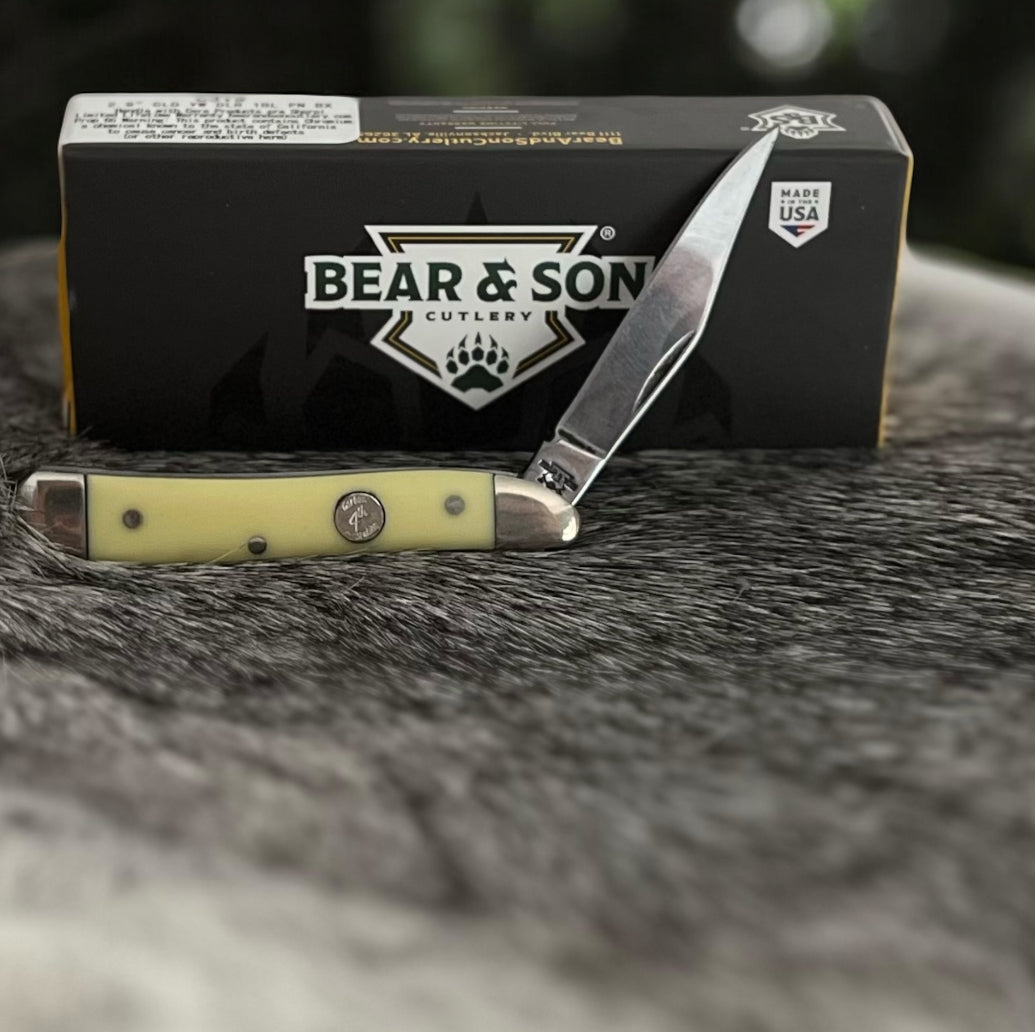 Bear & Son "PEANUT" Yellow smooth Delrin handle Pocket Knife 6000 CedarHill Country Market