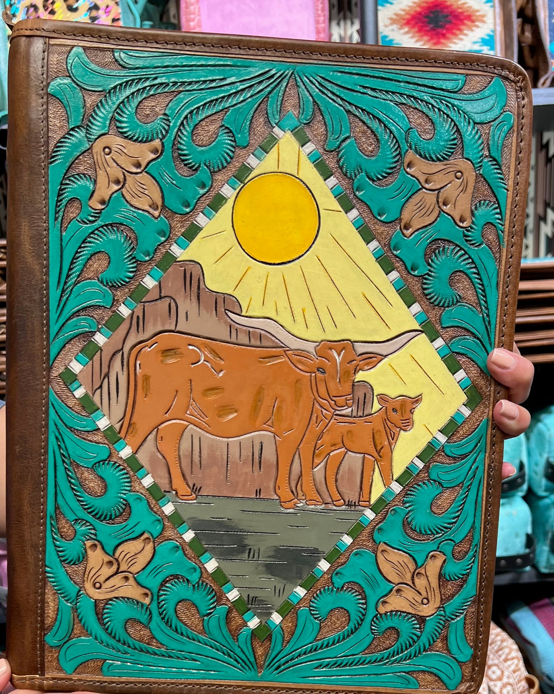 Leather Hand Tooled Western Portfolio with Zipper Close Cedar Hill Country Market